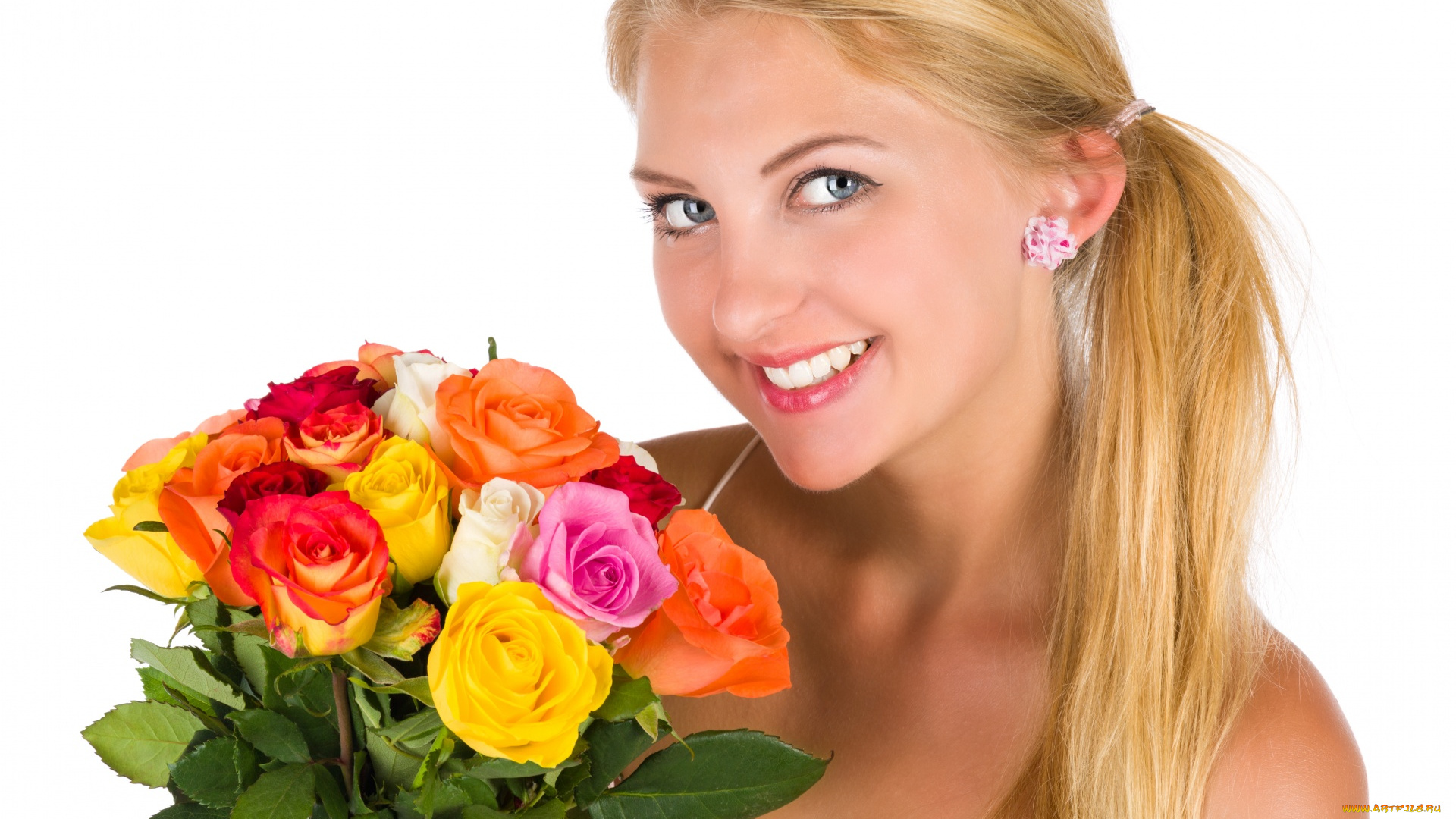 девушки, -, лица, , портреты, блондинка, улыбка, букет, розы