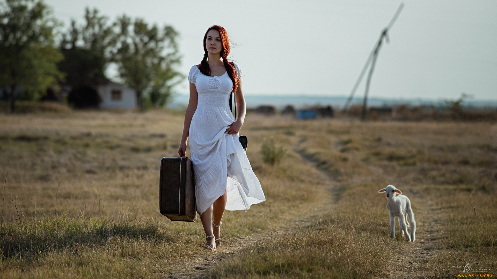 девушки, -, рыжеволосые, и, разноцветные, тропинка, белое, платье, чемодан, козочка