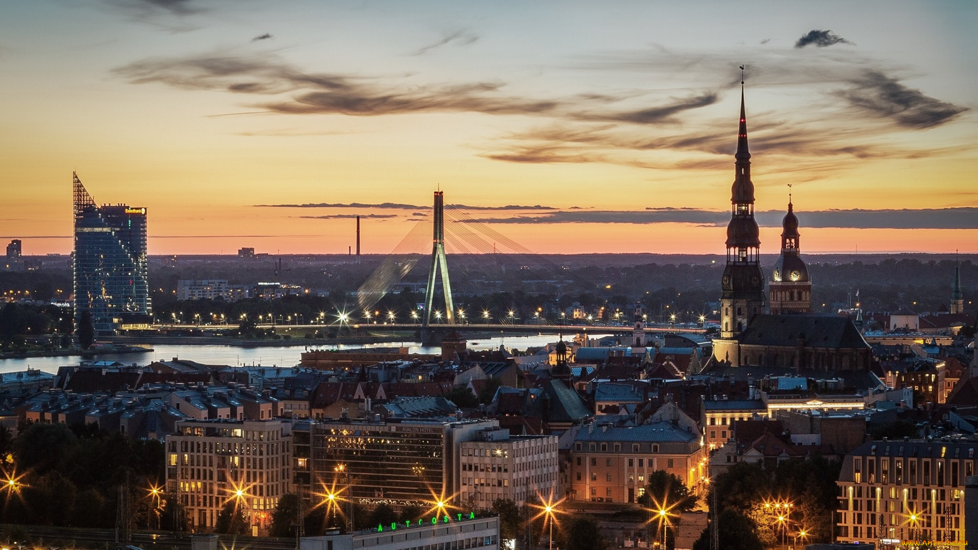 города, рига, , латвия, панорама, вечер, огни