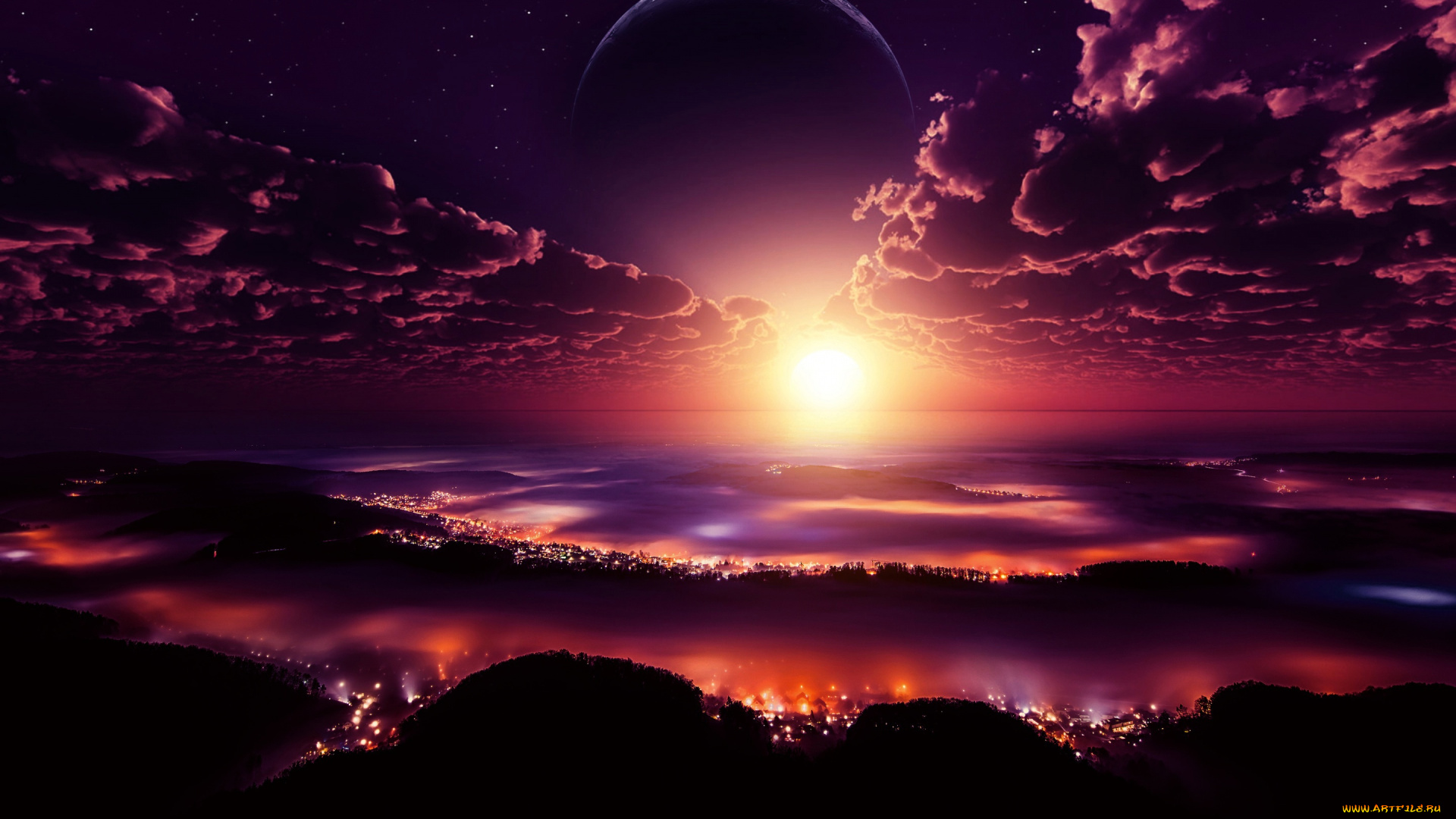 космос, арт, огни, планета