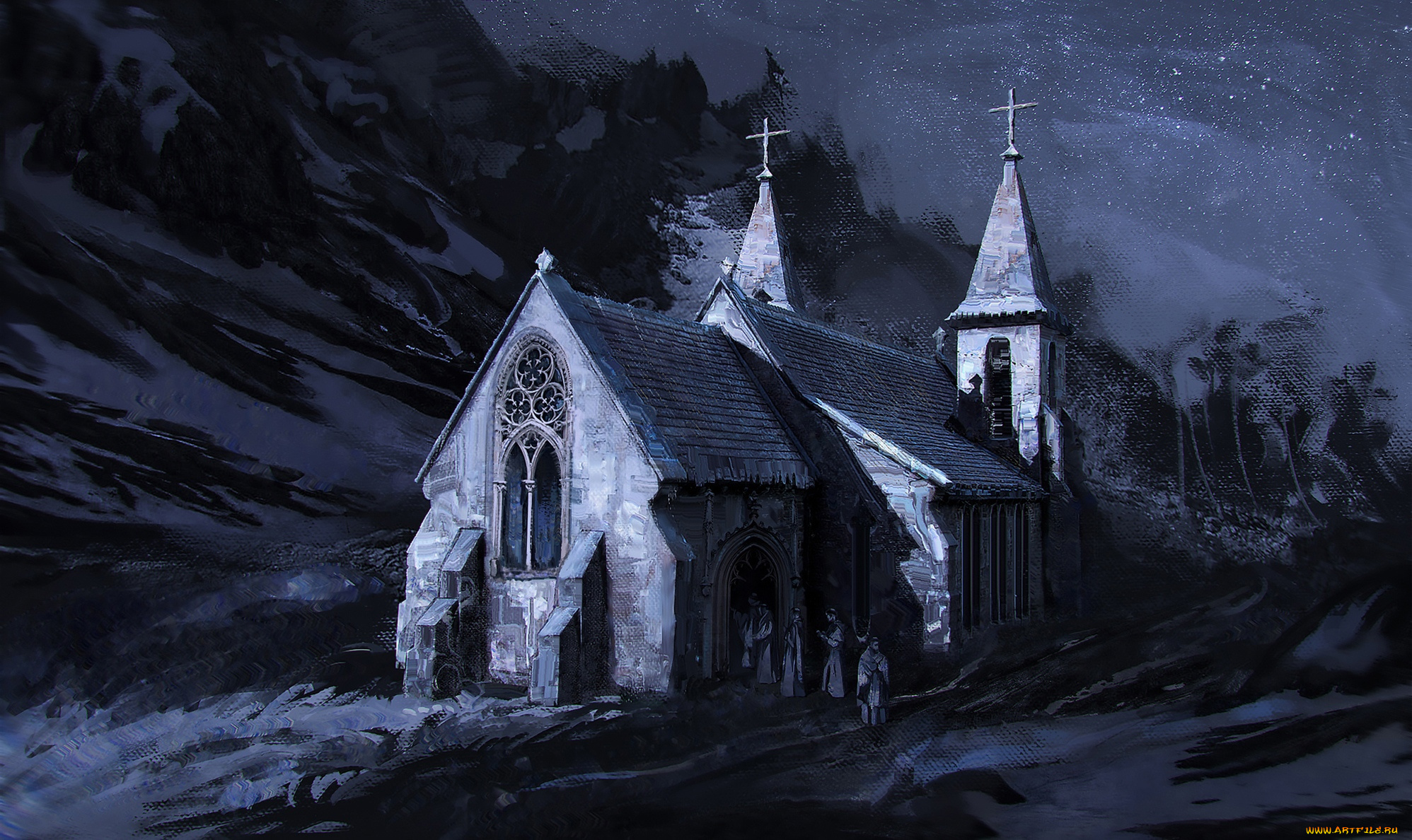 рисованное, города, ночь, горы, церковь, люди