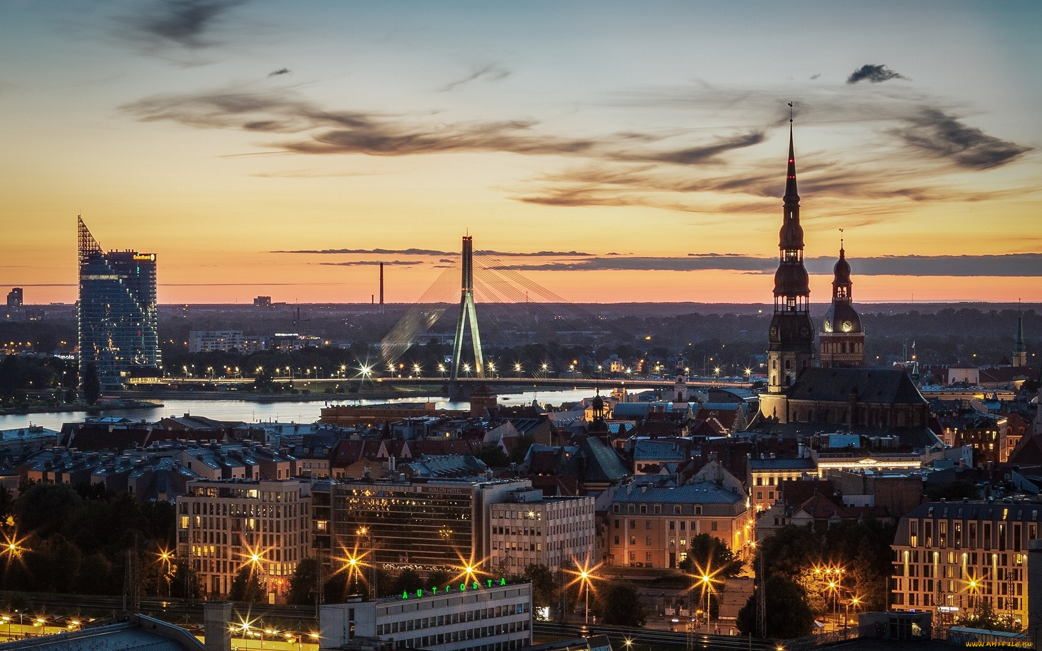 города, рига, , латвия, панорама, вечер, огни