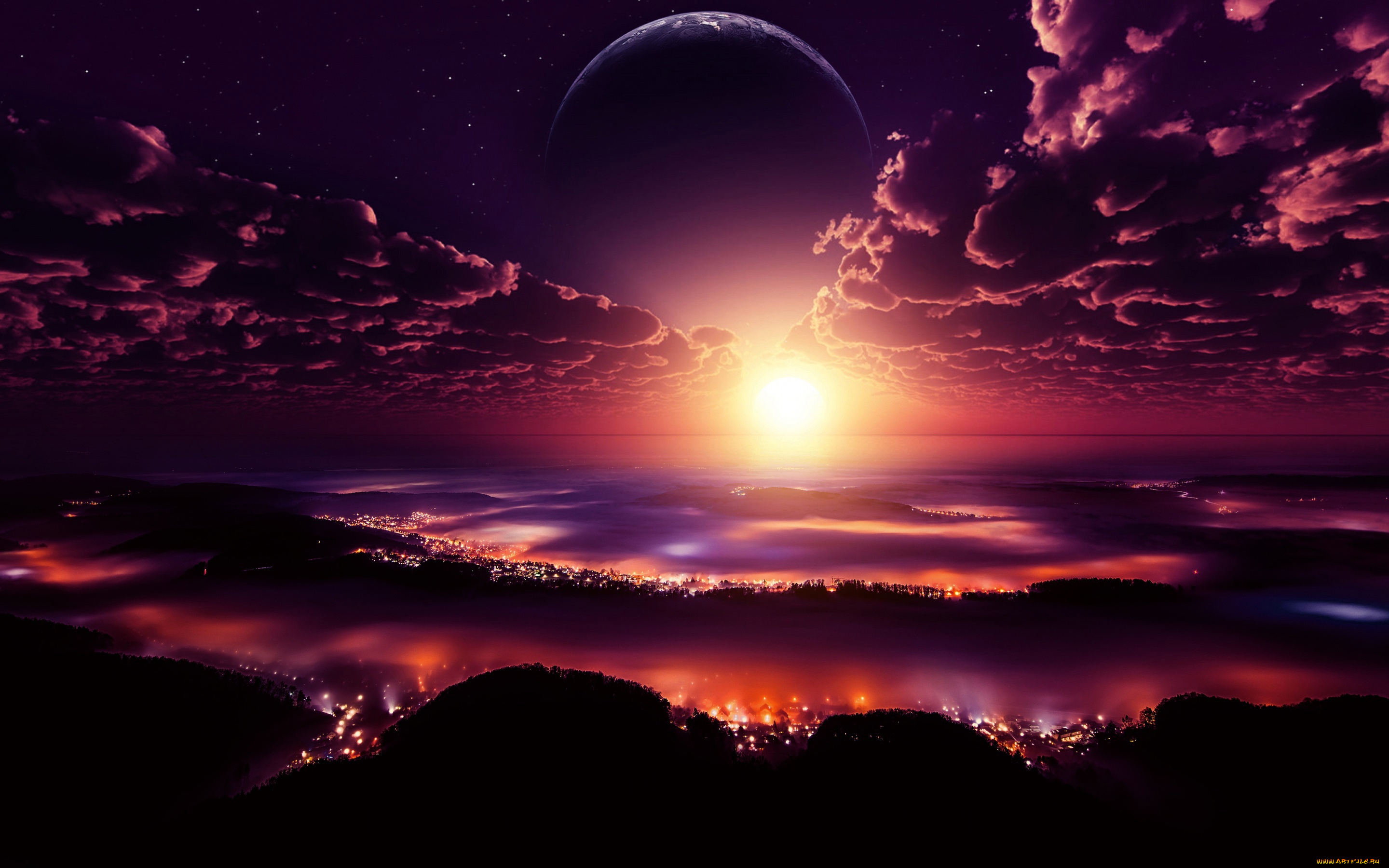 космос, арт, огни, планета