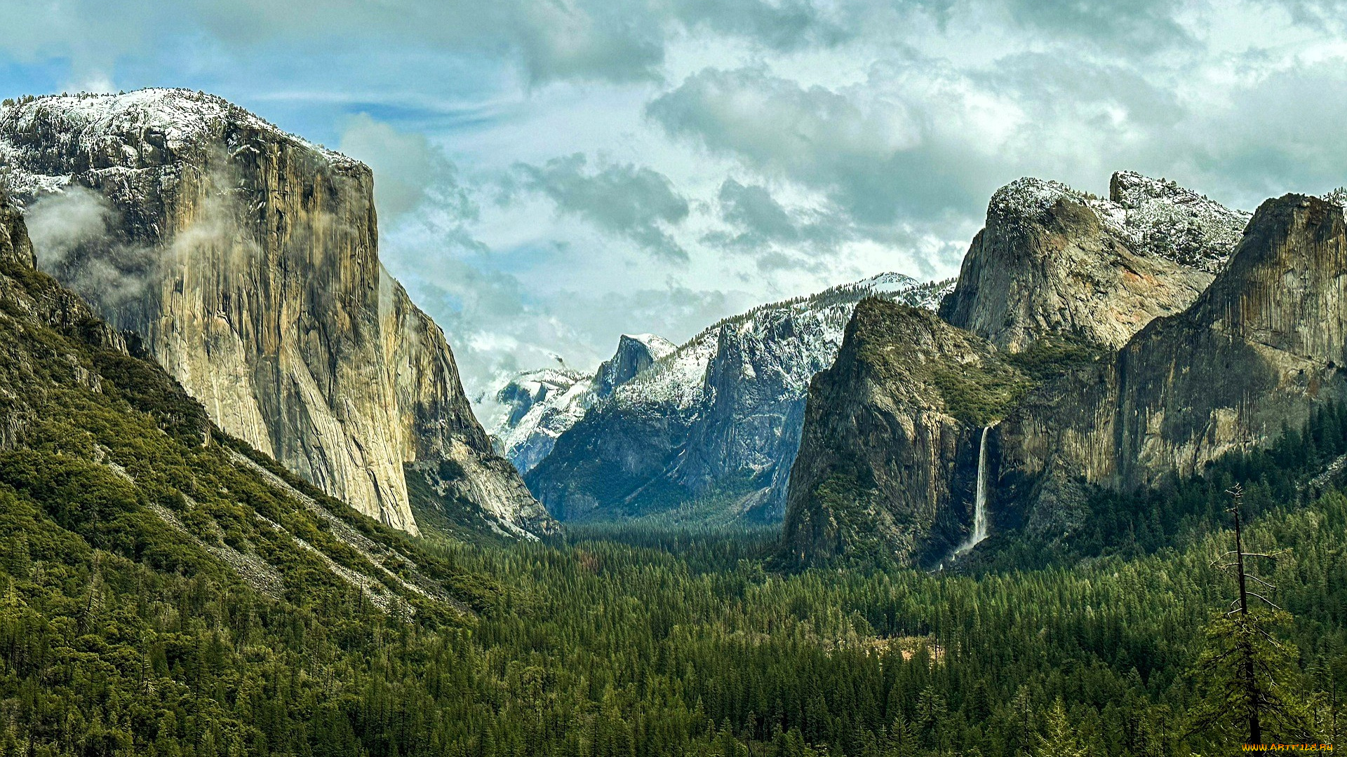 природа, горы, лес, долина, тучи