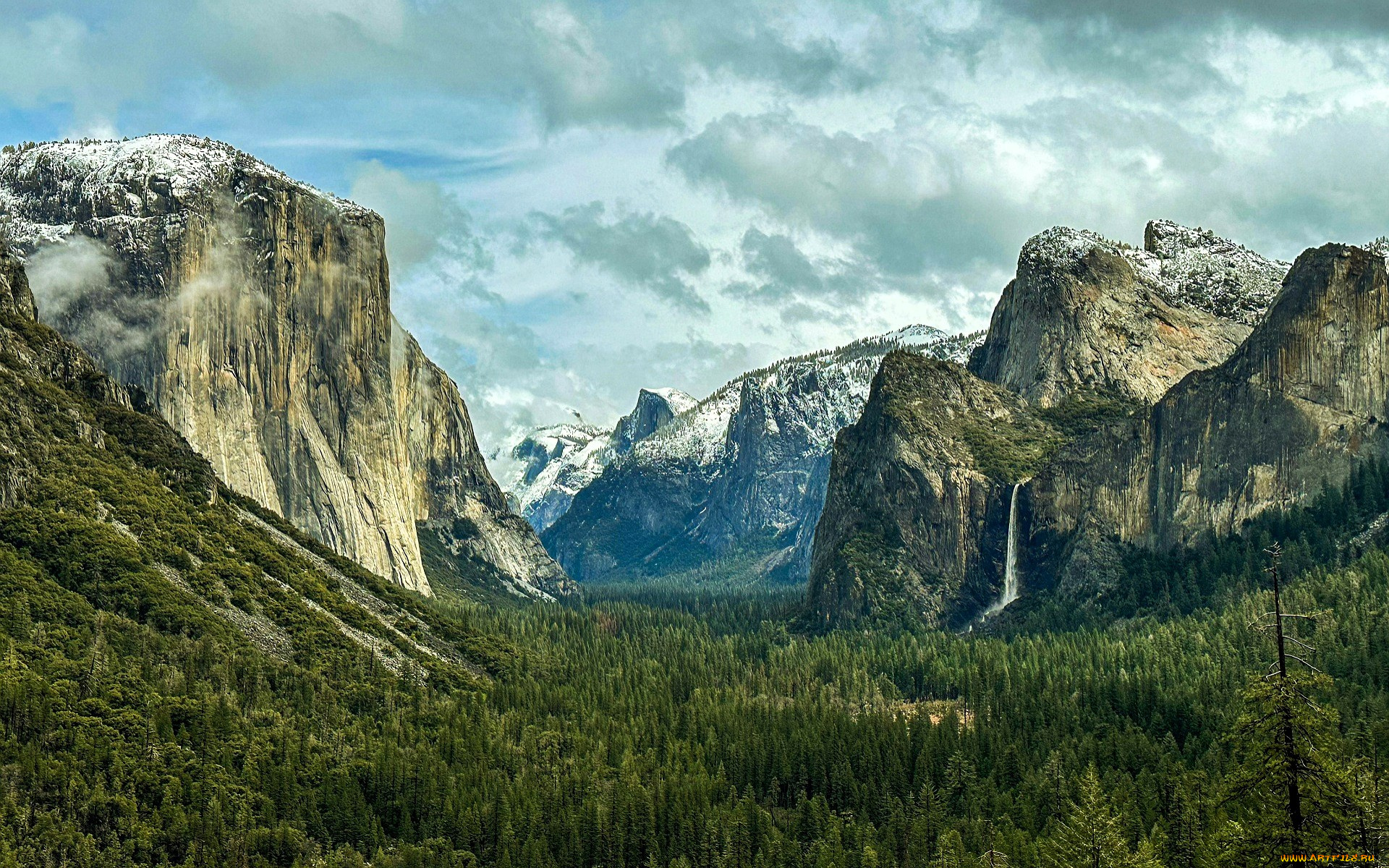 природа, горы, лес, долина, тучи