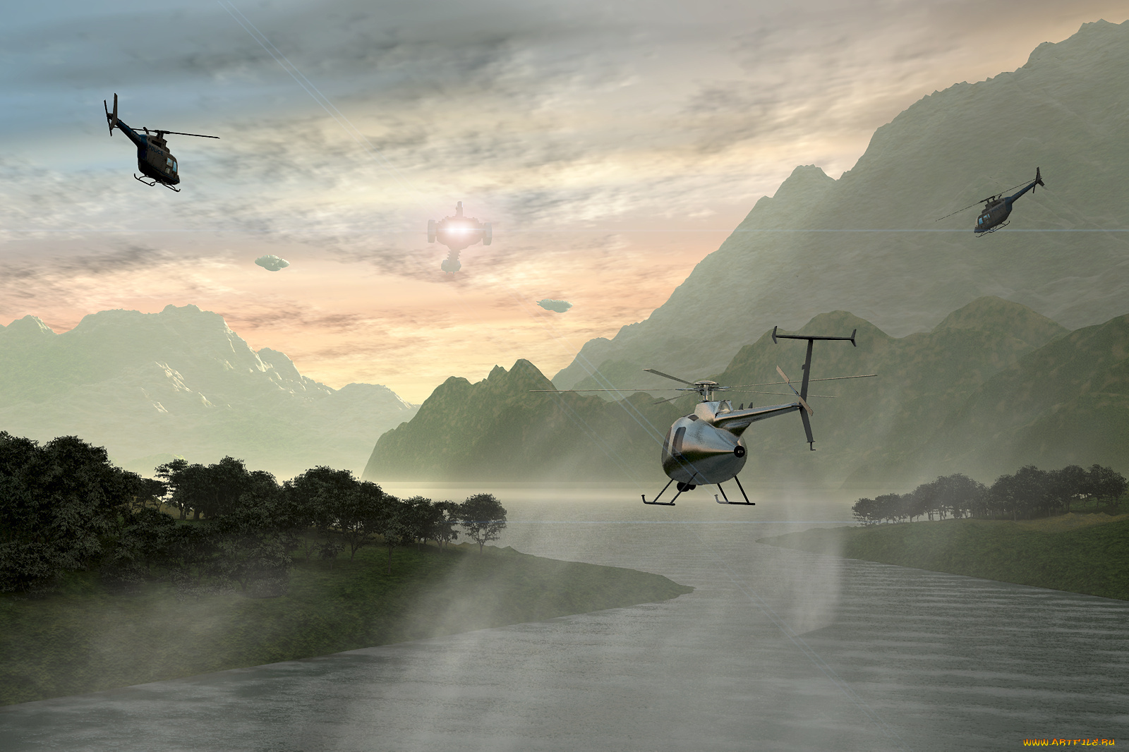 3д, графика, fantasy, фантазия, горы, вертолёты, река