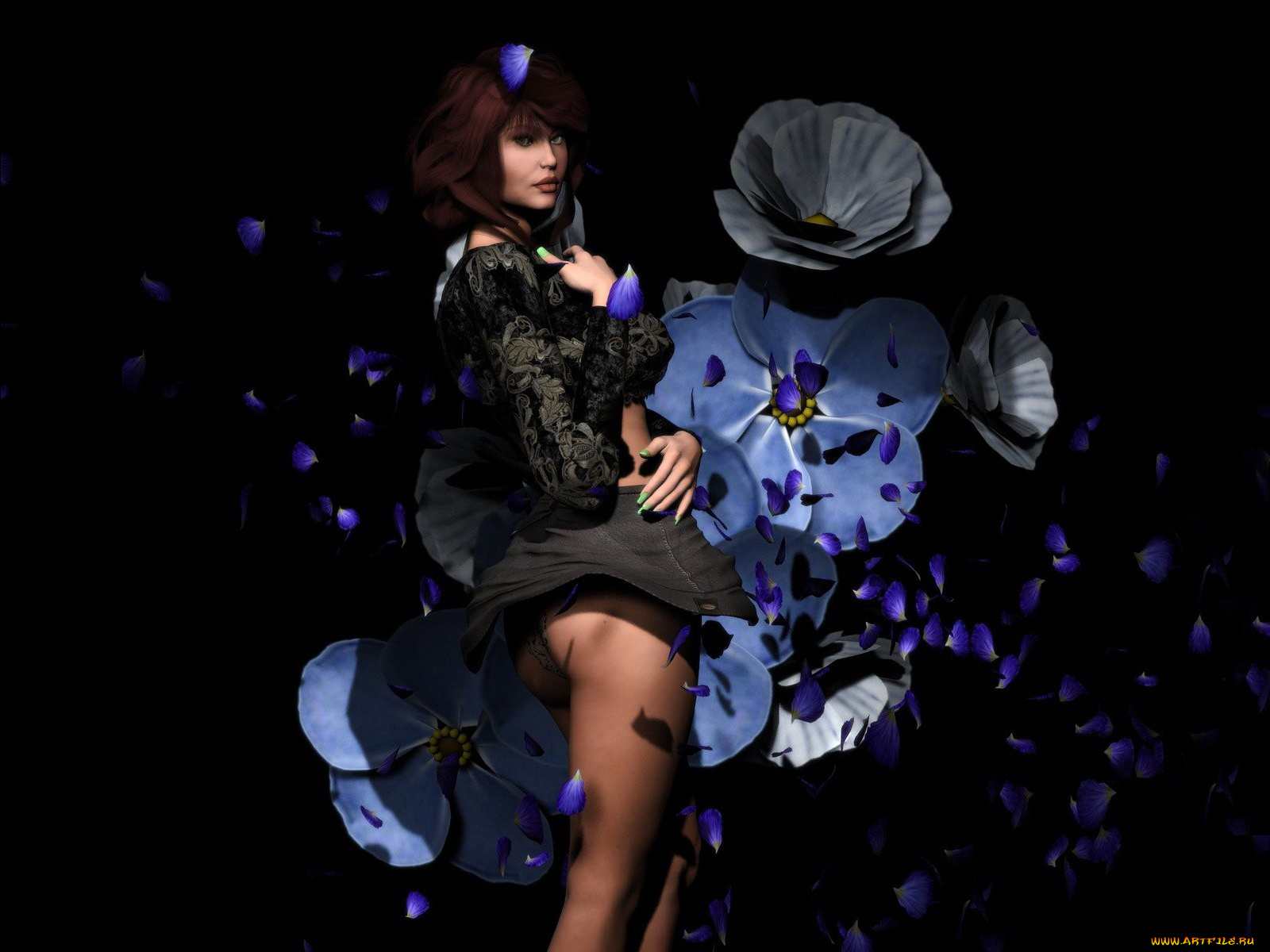 3д, графика, people, люди, девушка, цветы, фон, тёмный