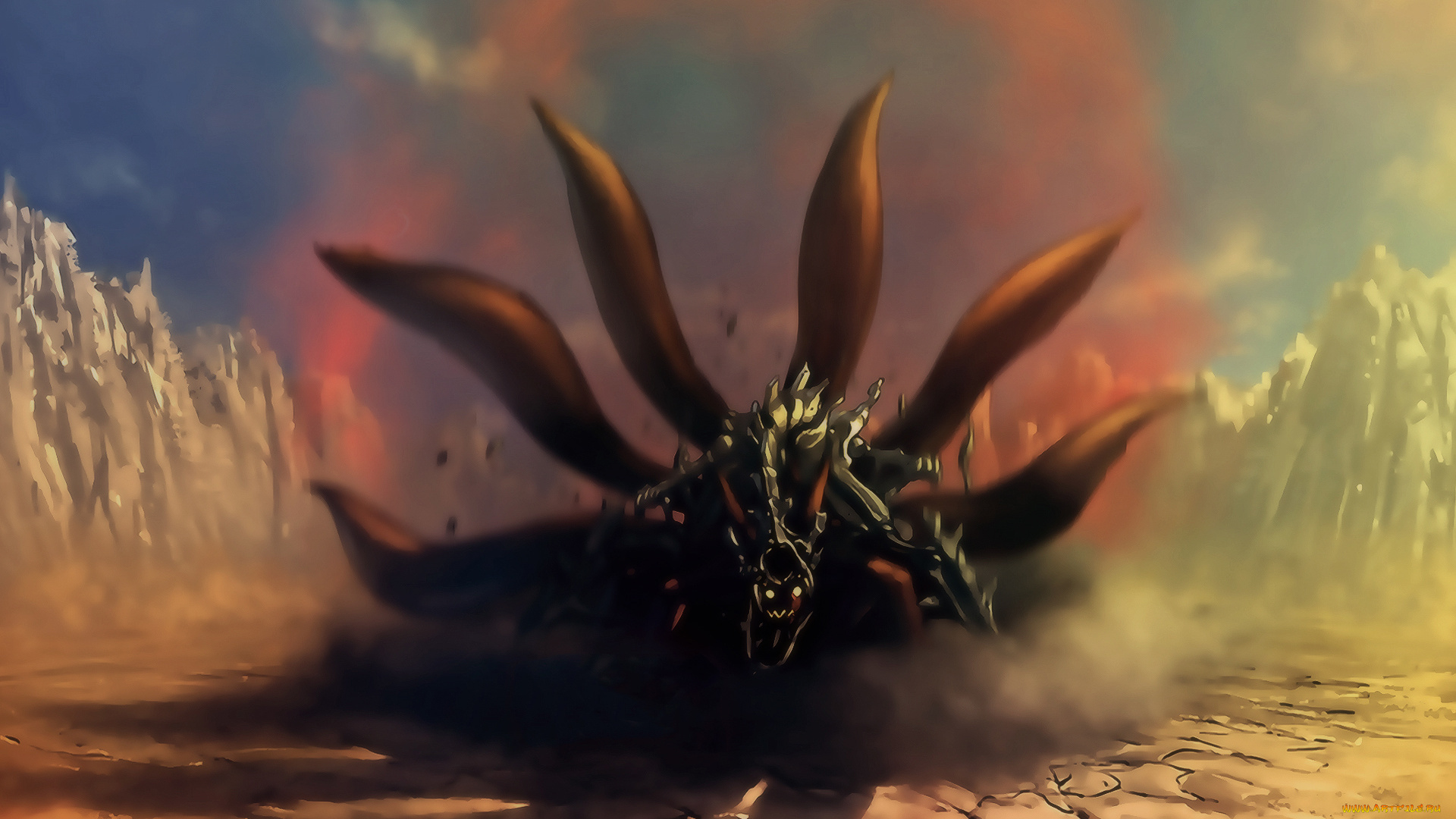 аниме, naruto, демон, скелет, наруто, кьюби, взгляд, опасность, пустыня