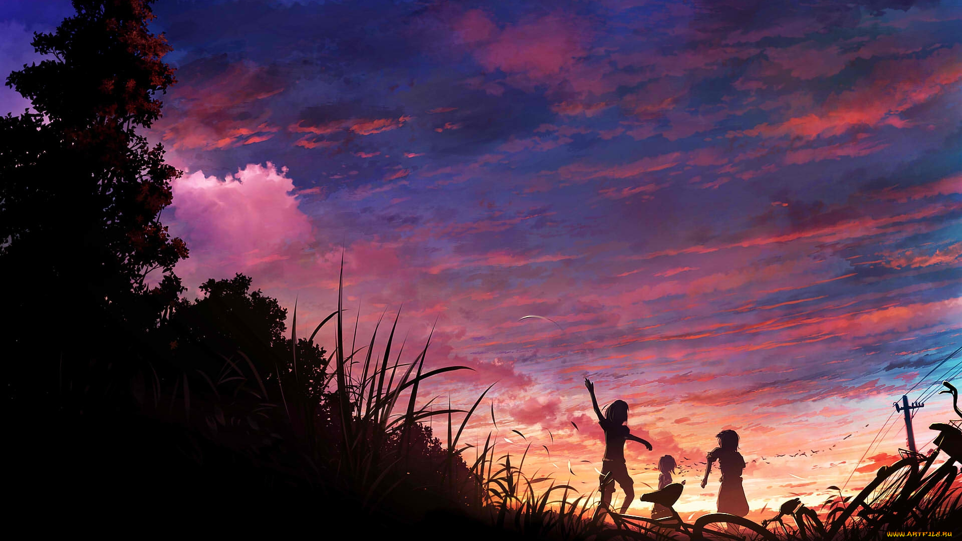 аниме, *unknown, другое, закат, люди