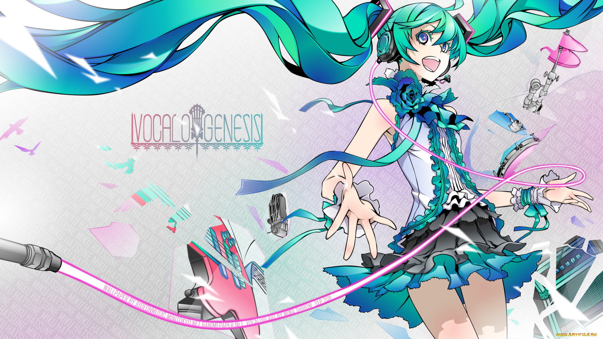 аниме, vocaloid, miku, hatsune, miwa, shirow, девушка, наушники, усилитель, гитара, музыка, барабан, ударные, микрофон