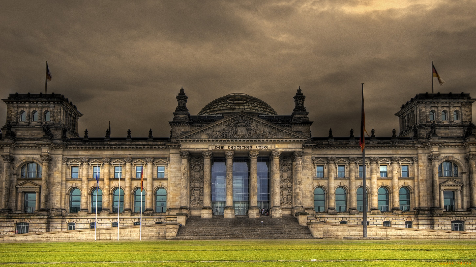 рейхстаг, берлин, германия, города, флаги, окна, колонны, купол