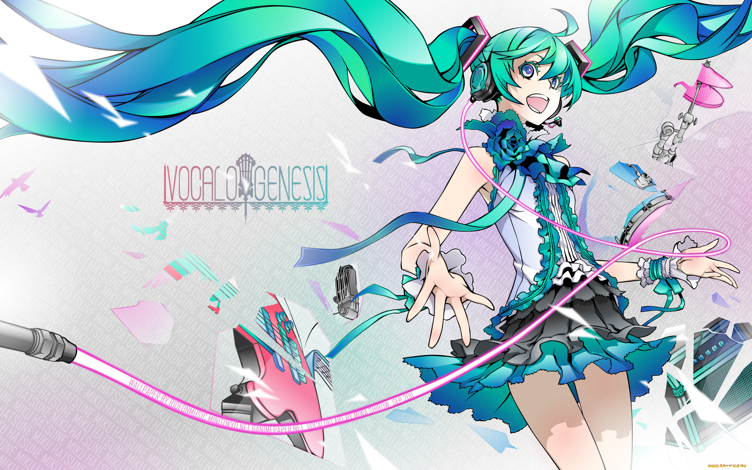 аниме, vocaloid, miku, hatsune, miwa, shirow, девушка, наушники, усилитель, гитара, музыка, барабан, ударные, микрофон