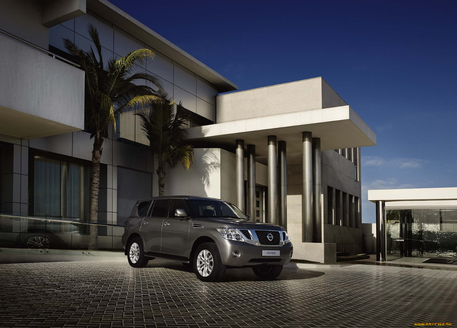 автомобили, nissan, datsun, здание, пальмы, небо, автомобиль