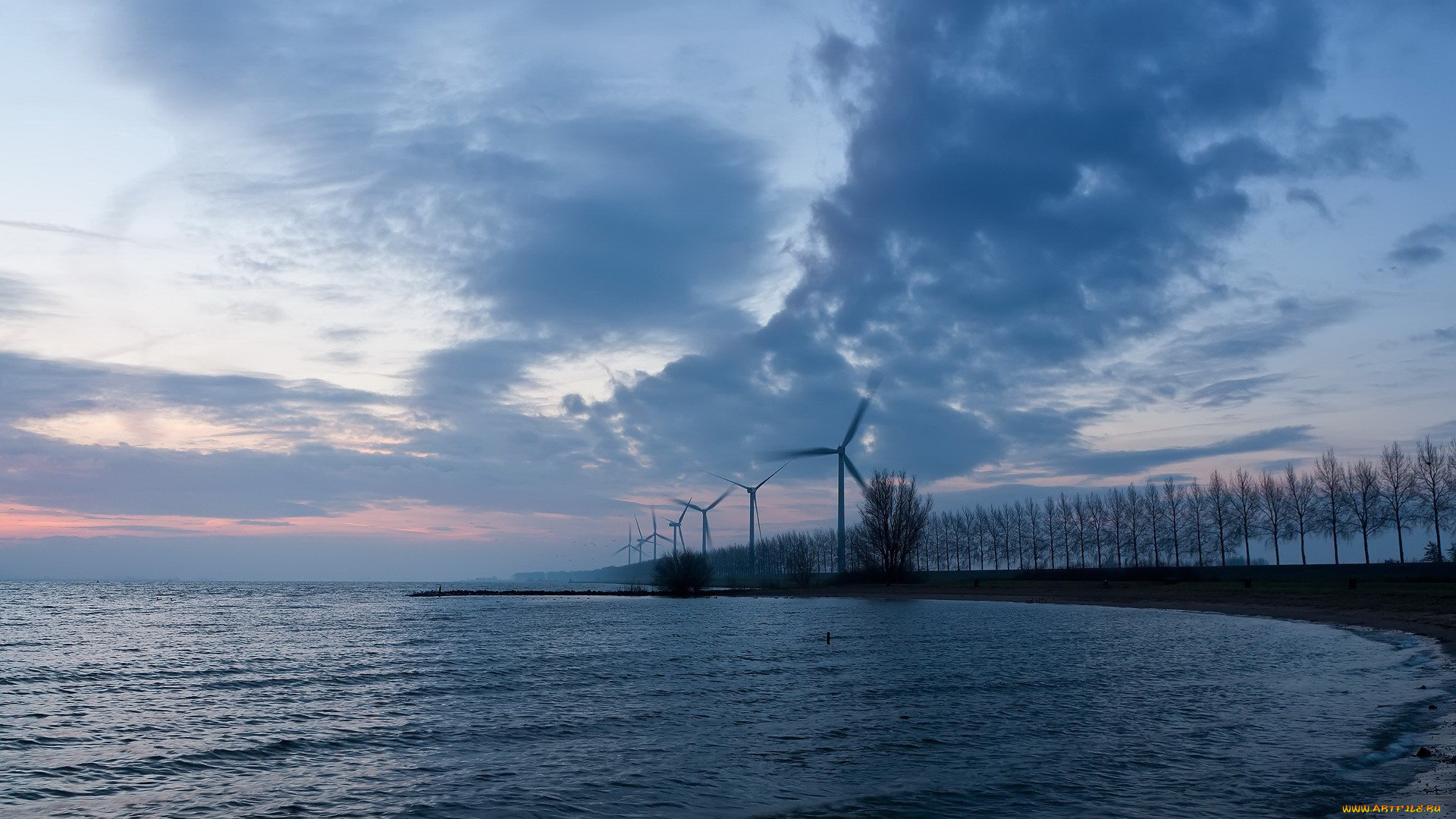 природа, побережье, деревья, ветряки, тучи, озеро, сумрак
