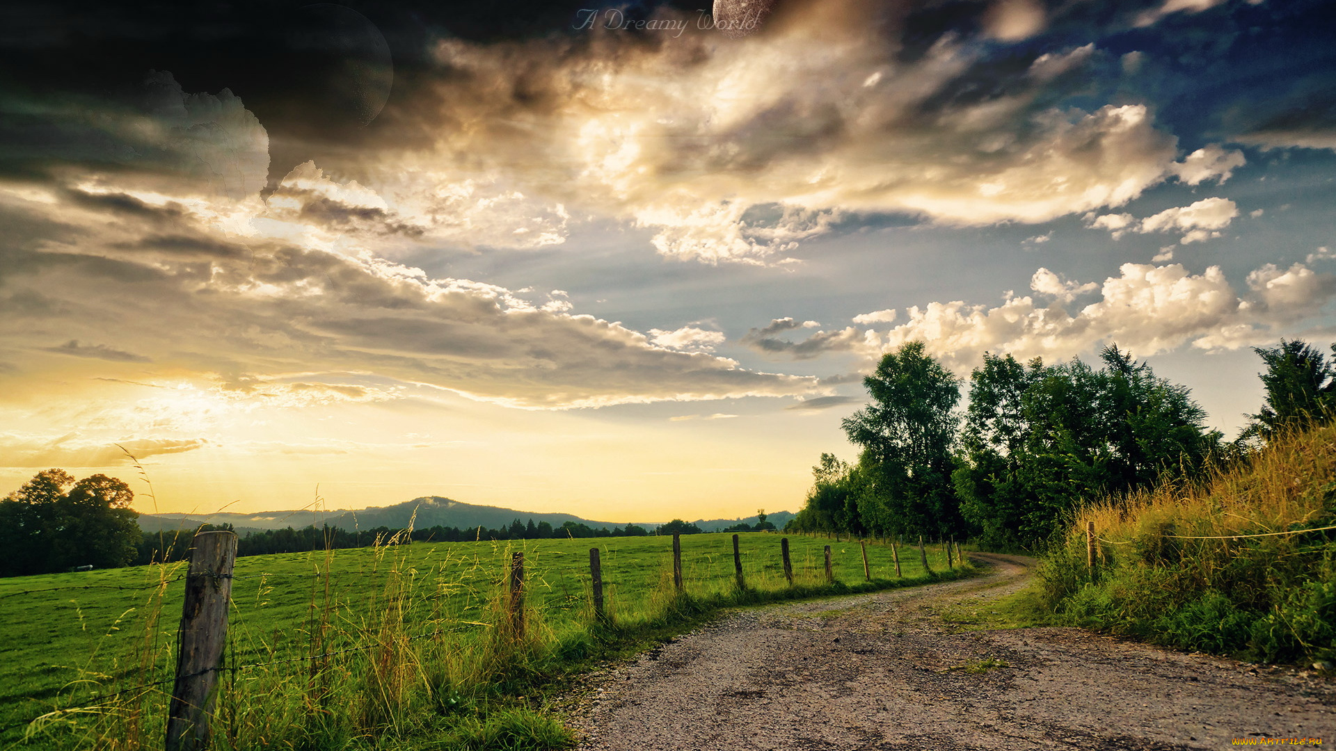 разное, компьютерный, дизайн, поле, облака, дорога, забор, планета
