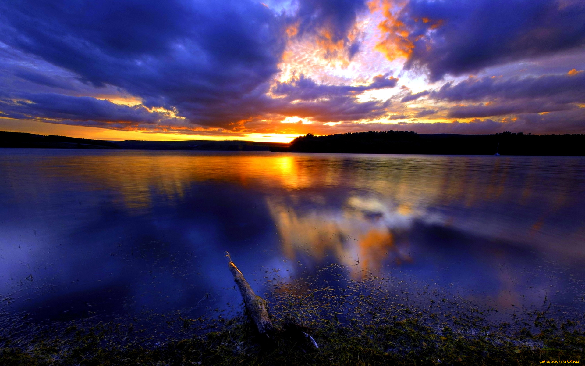 lake, at, dusk, природа, реки, озера, тучи, озеро, вечер, закат