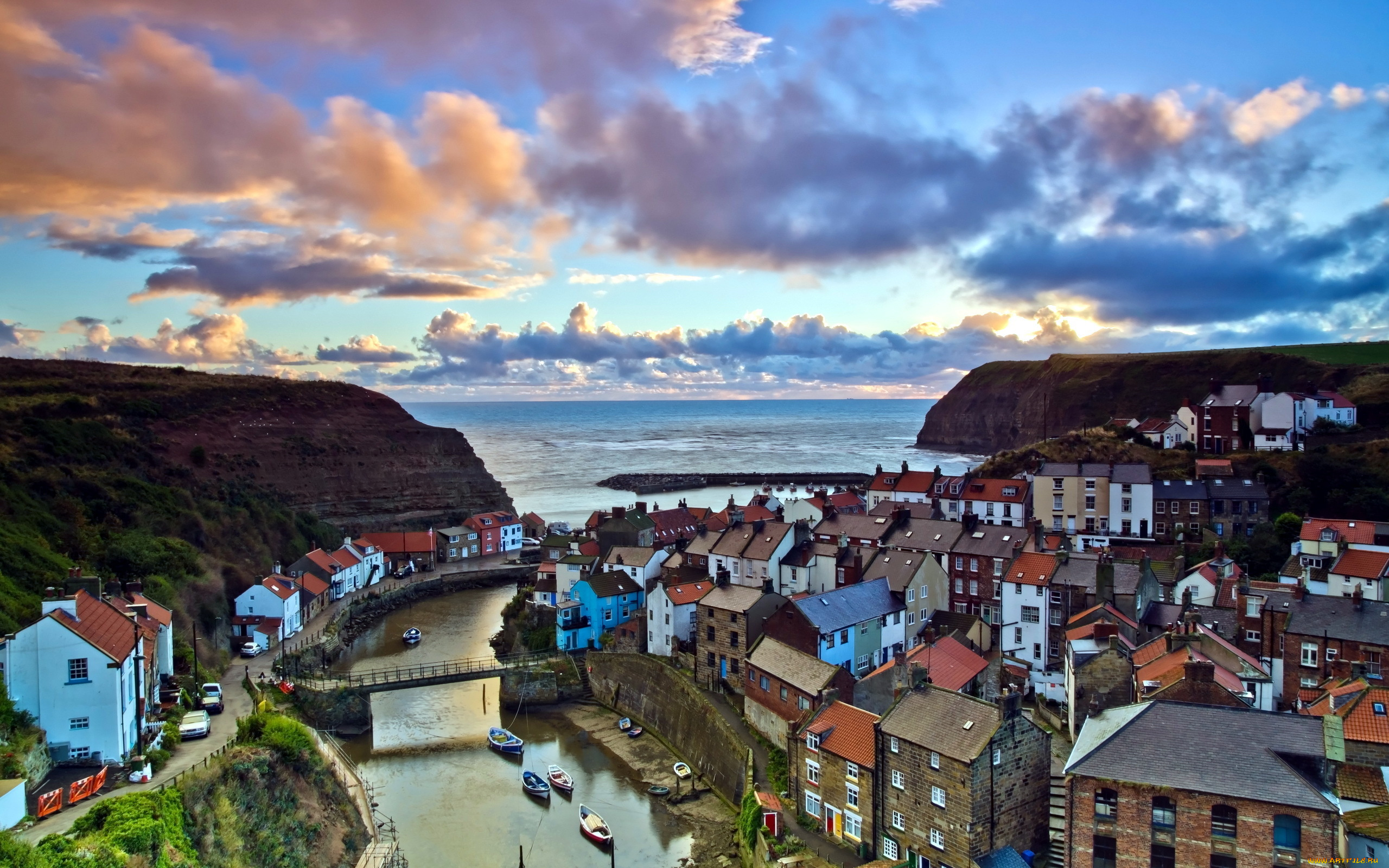 города, панорамы, здания, мост, река, море, staithes, england