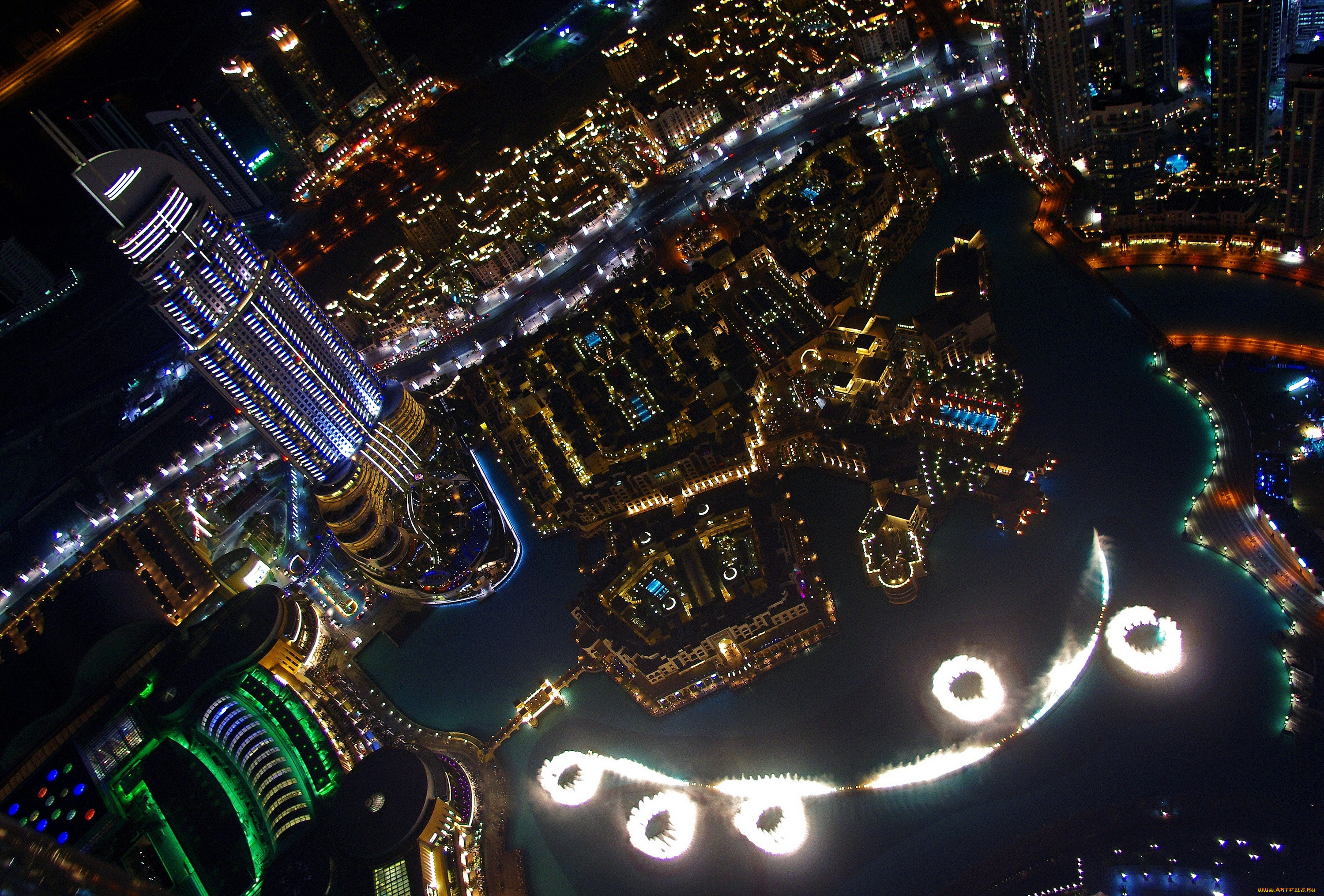 города, дубаи, оаэ, огни, ночь, фонтан, башня, иллюминация