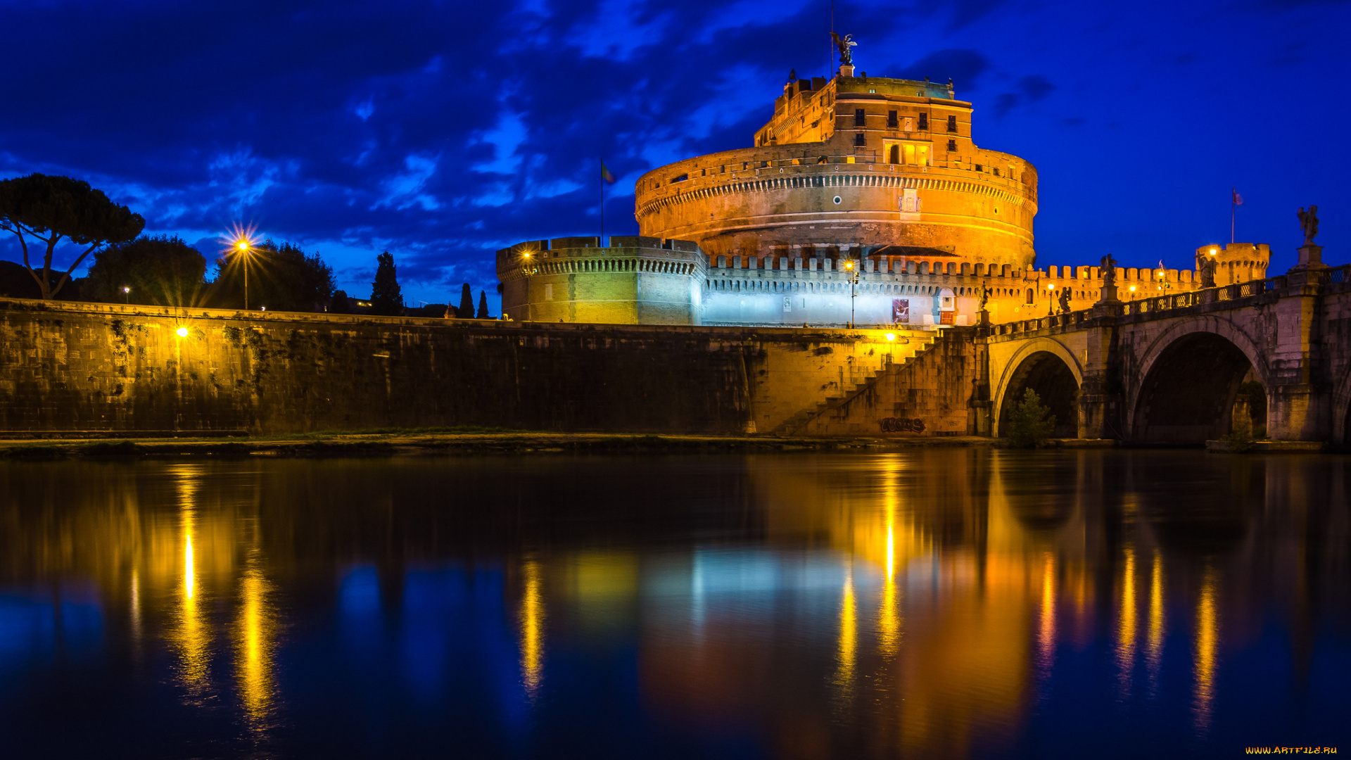 castel, sant`angelo, города, рим, ватикан, италия, река, мост, замок, стены, башни, ночь, огни
