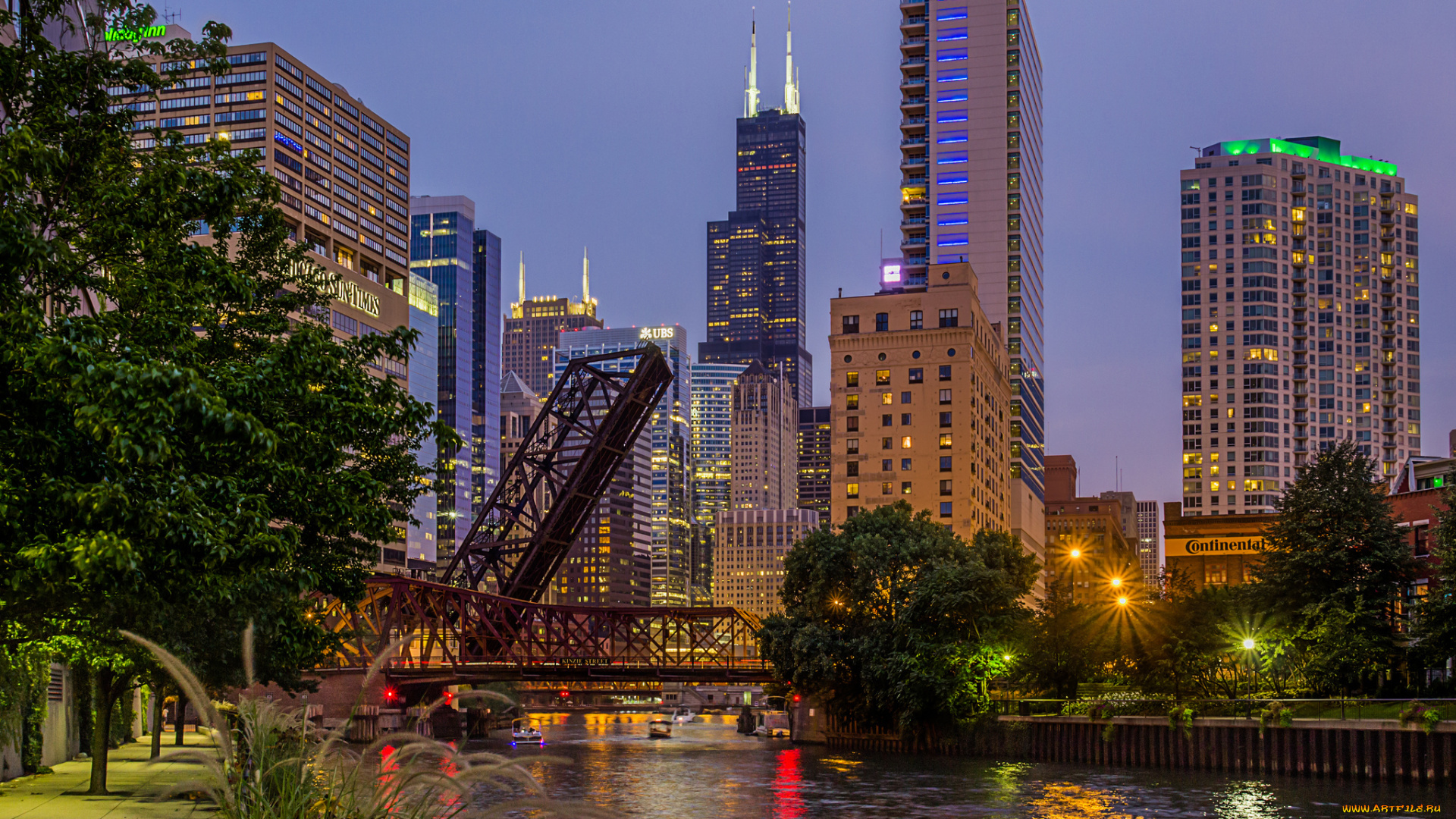 chicago, города, Чикаго, сша, вечер, город, река, набережная, огни, небоскребы