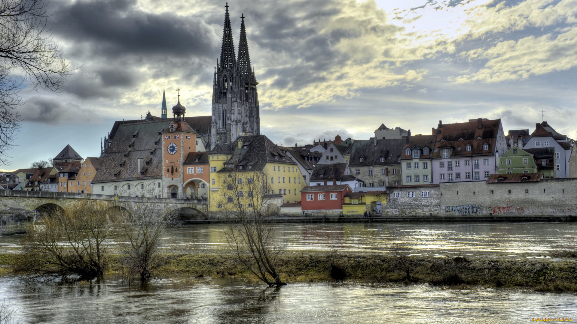 германия, бавария, регенсбург, города, сумерки, река, дома