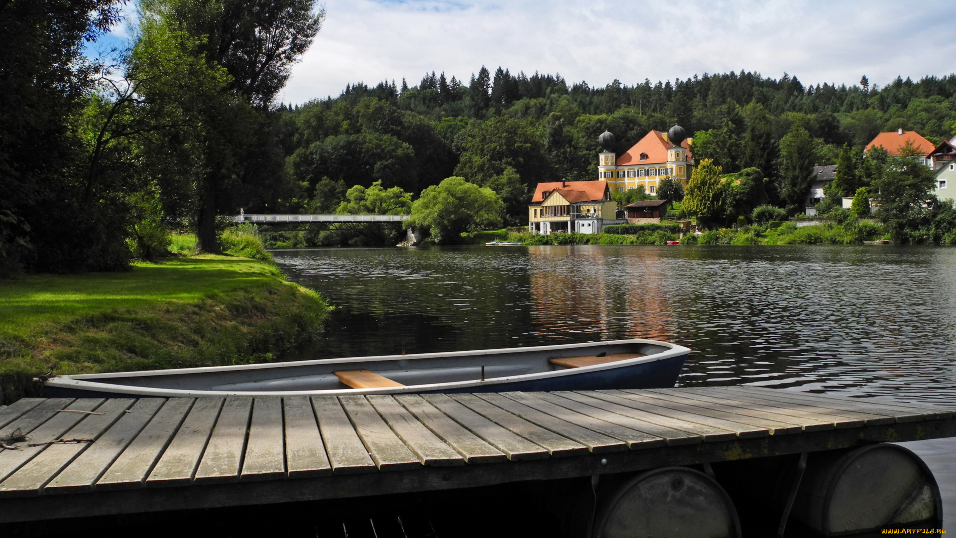 германия, бавария, регенштауф, города, пейзажи, дома, река, растения, причал, лодка