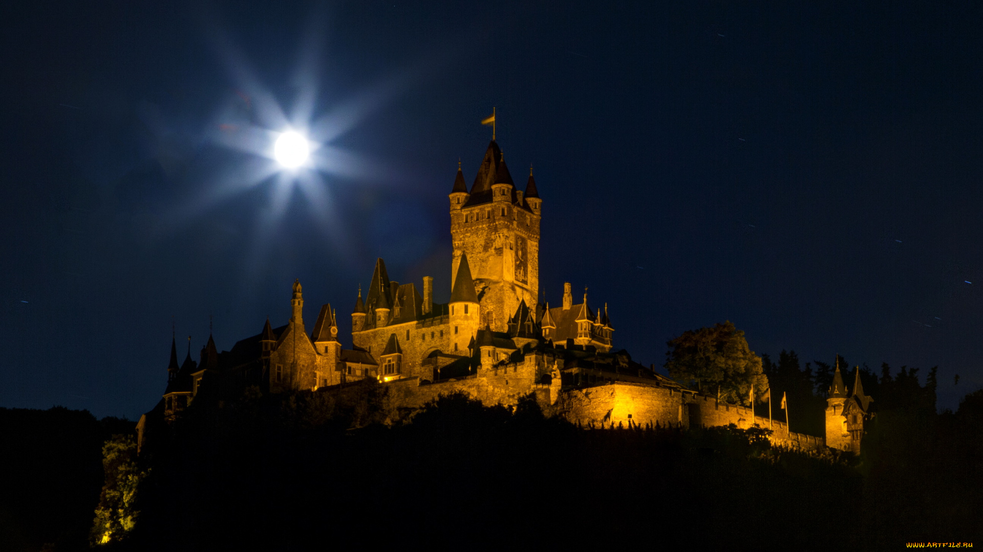 германия, кохем, города, ночь, огни, замок