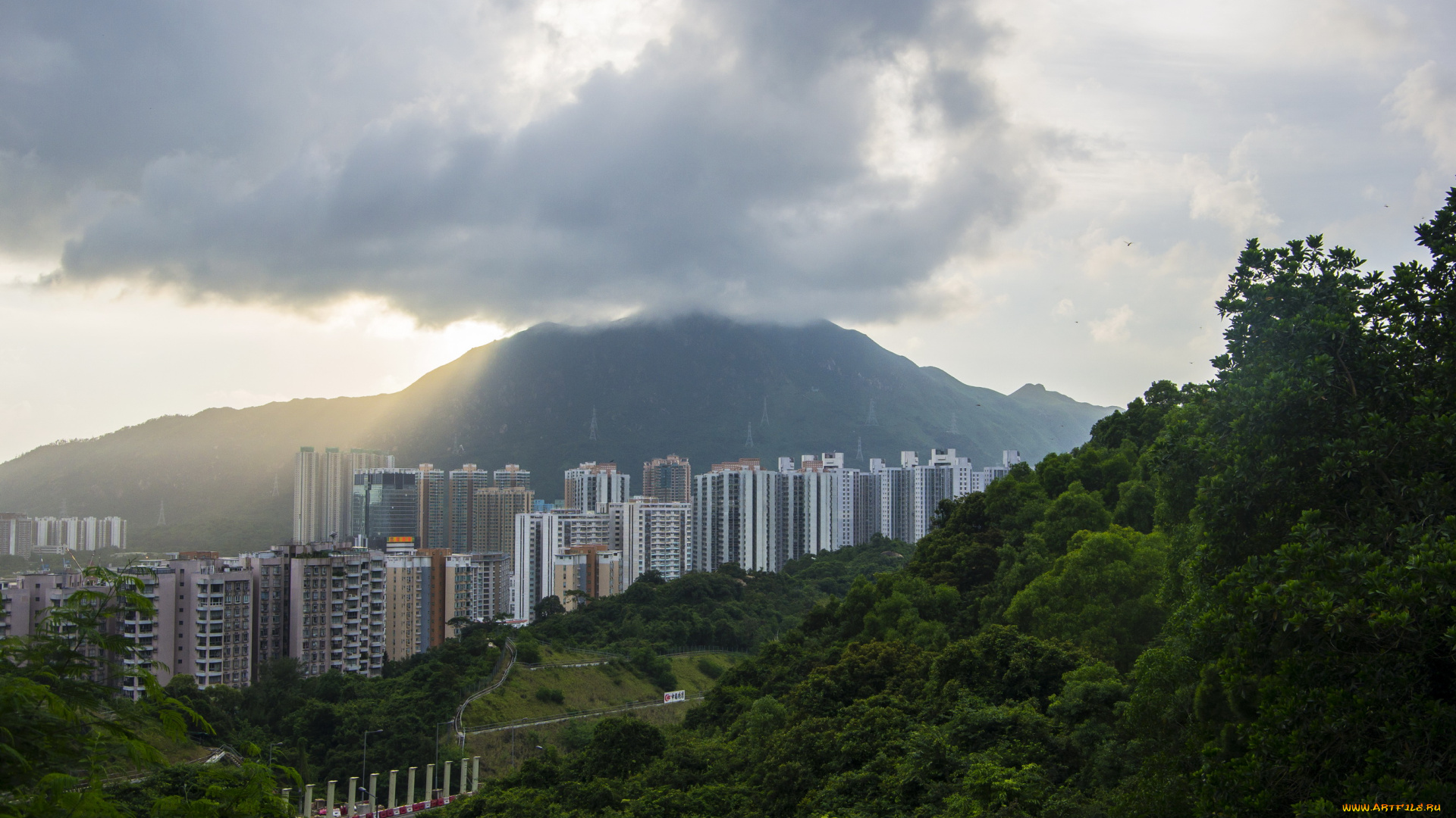 города, гонконг, китай, здания, горы