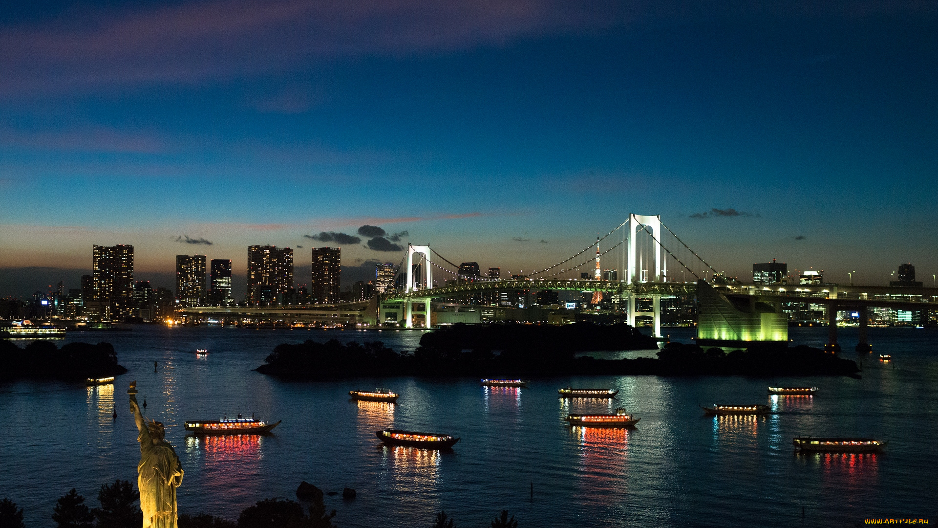 города, токио, Япония, мост, ночь