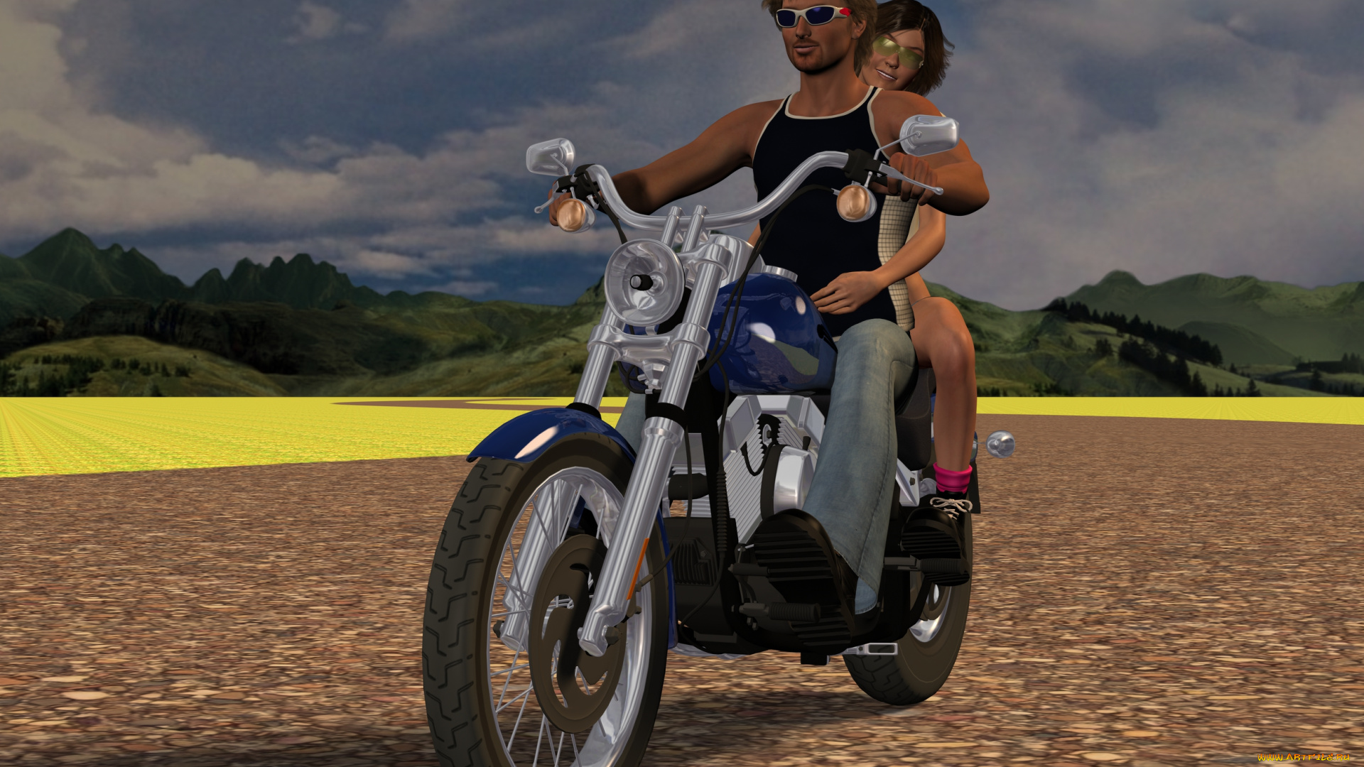 мотоциклы, 3d, мотоцикл, девушка, парень