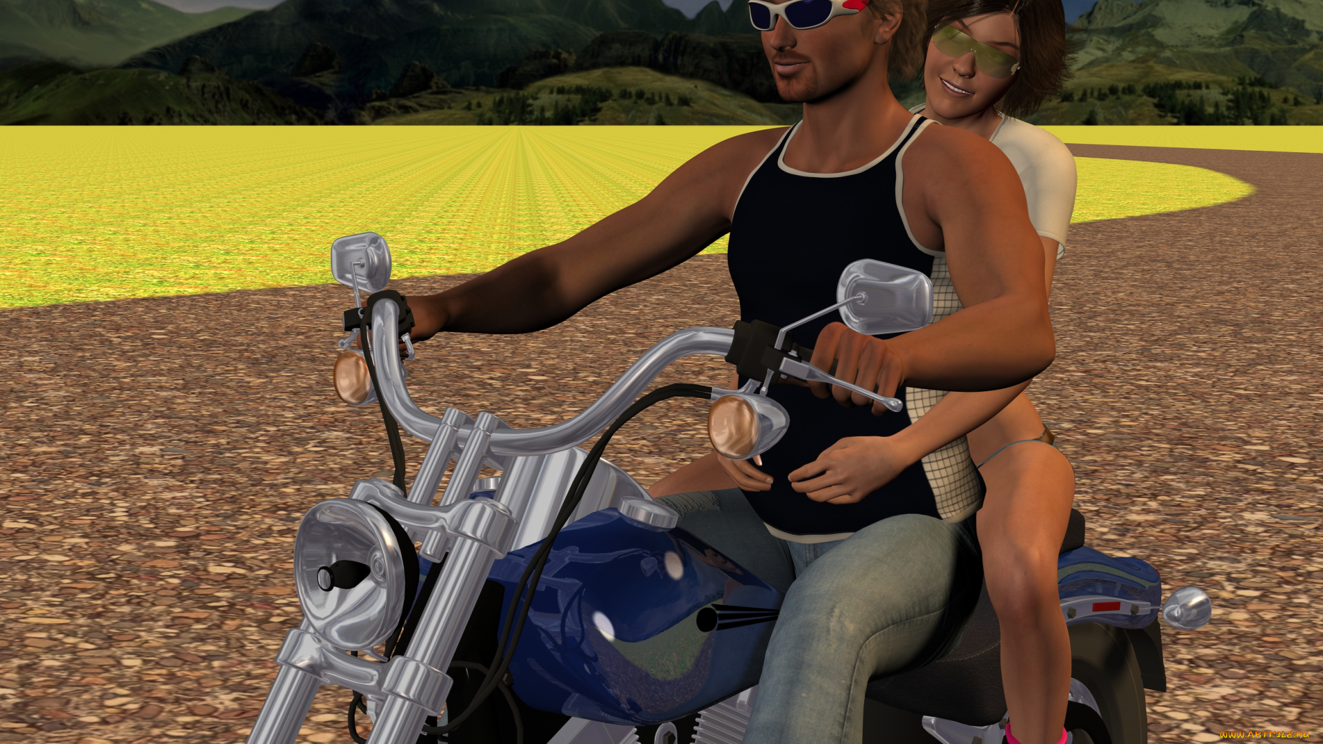 мотоциклы, 3d, мотоцикл, девушка, парень