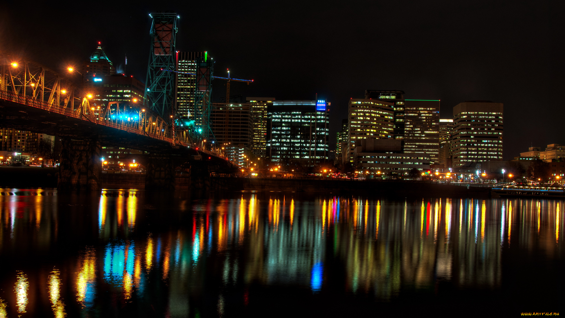 портленд, сша, города, огни, ночного, ночь, река, дома, мост