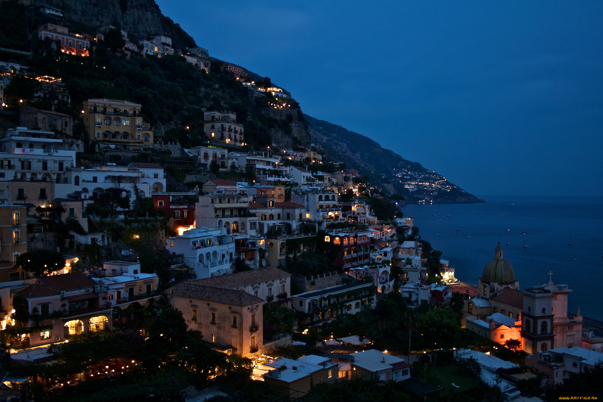 positano, италия, города, амальфийское, лигурийское, побережье, огни, дома, море, ночь