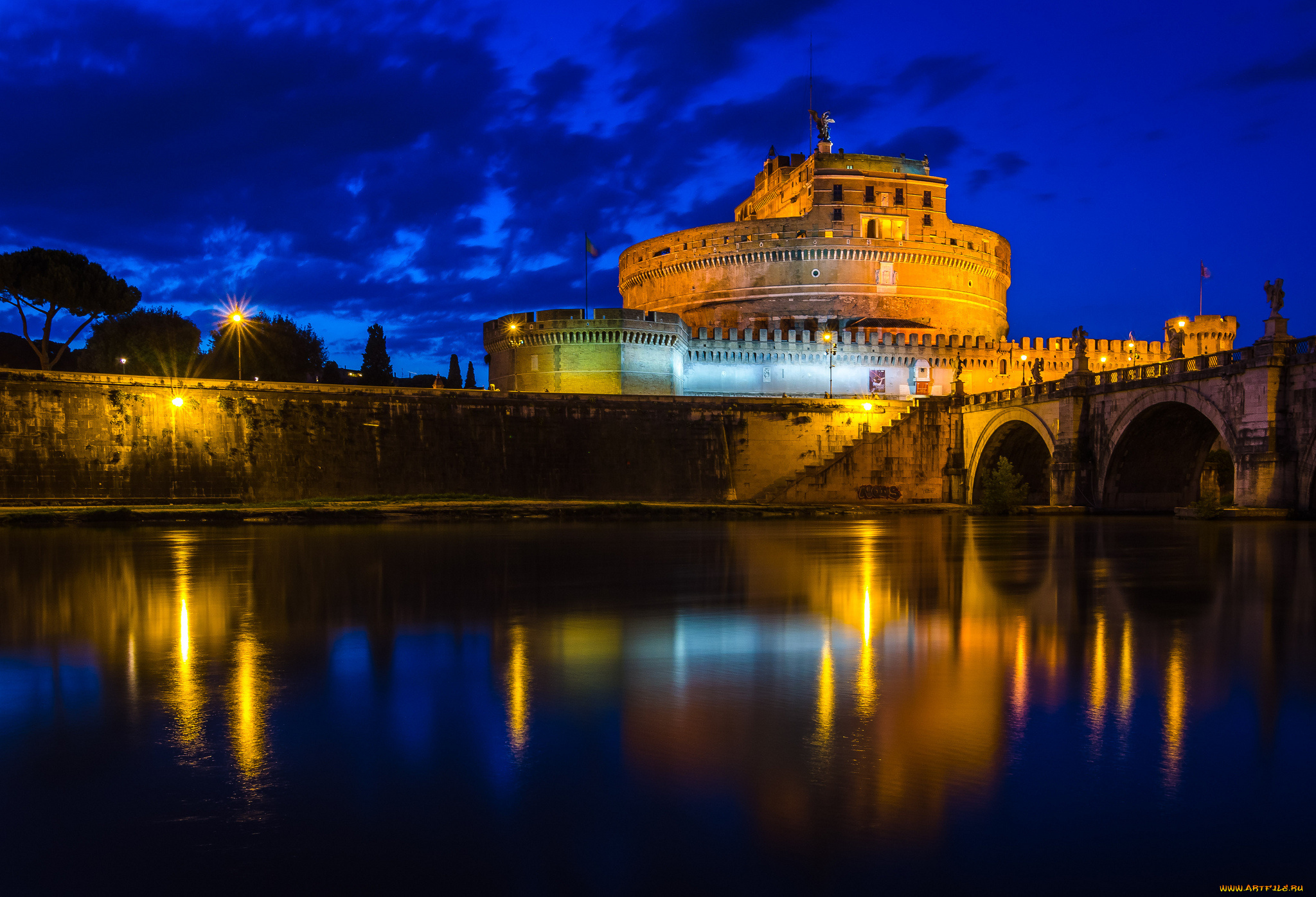 castel, sant`angelo, города, рим, ватикан, италия, река, мост, замок, стены, башни, ночь, огни