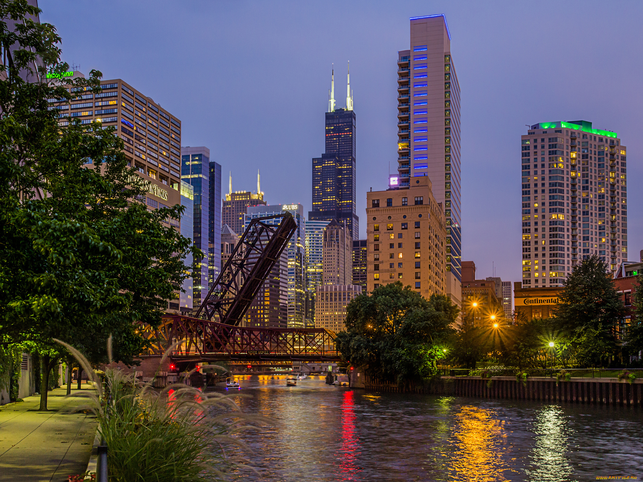 chicago, города, Чикаго, сша, вечер, город, река, набережная, огни, небоскребы