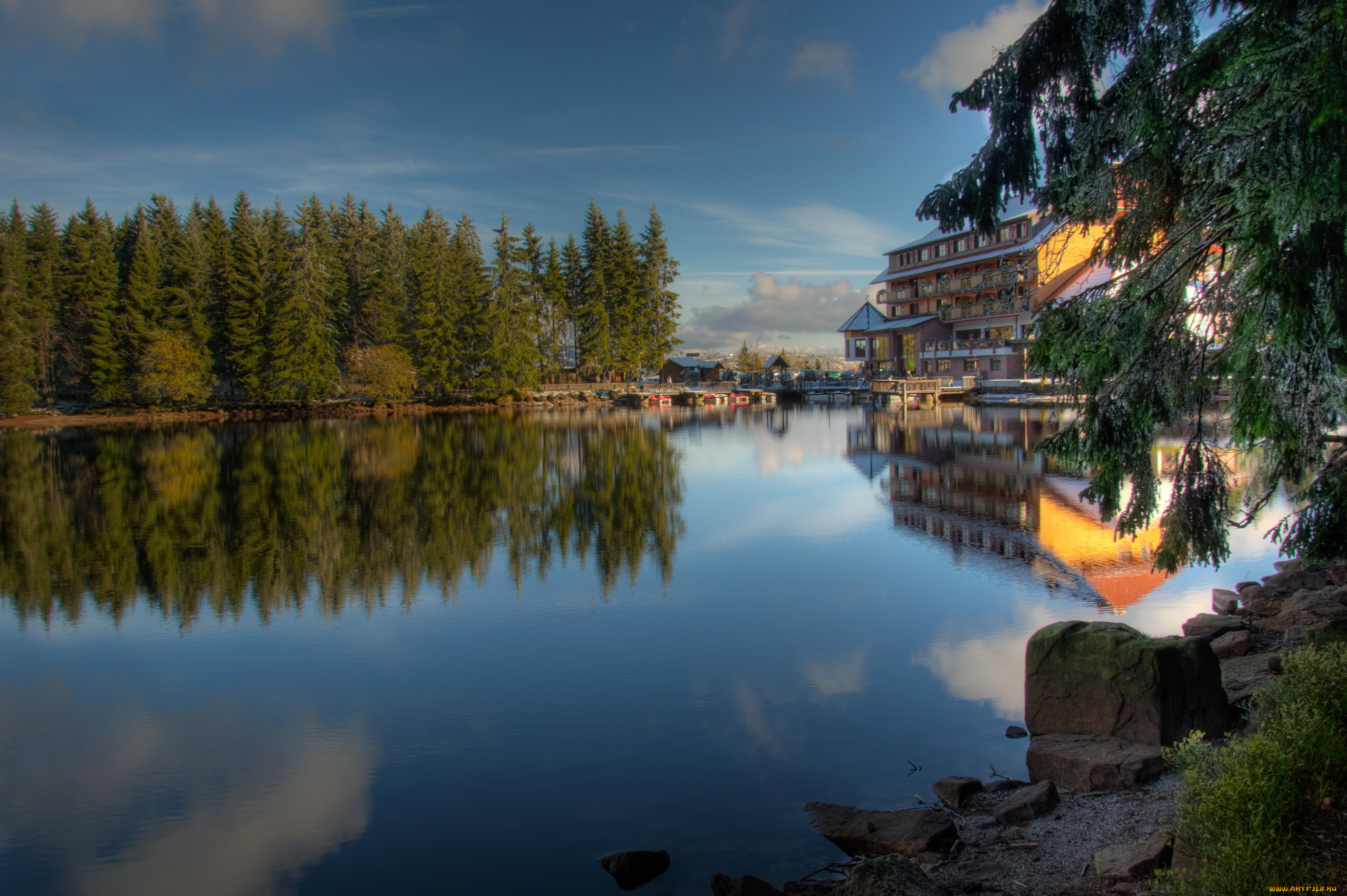 германия, зеебах, города, пейзажи, озеро, лес, дома, пейзаж