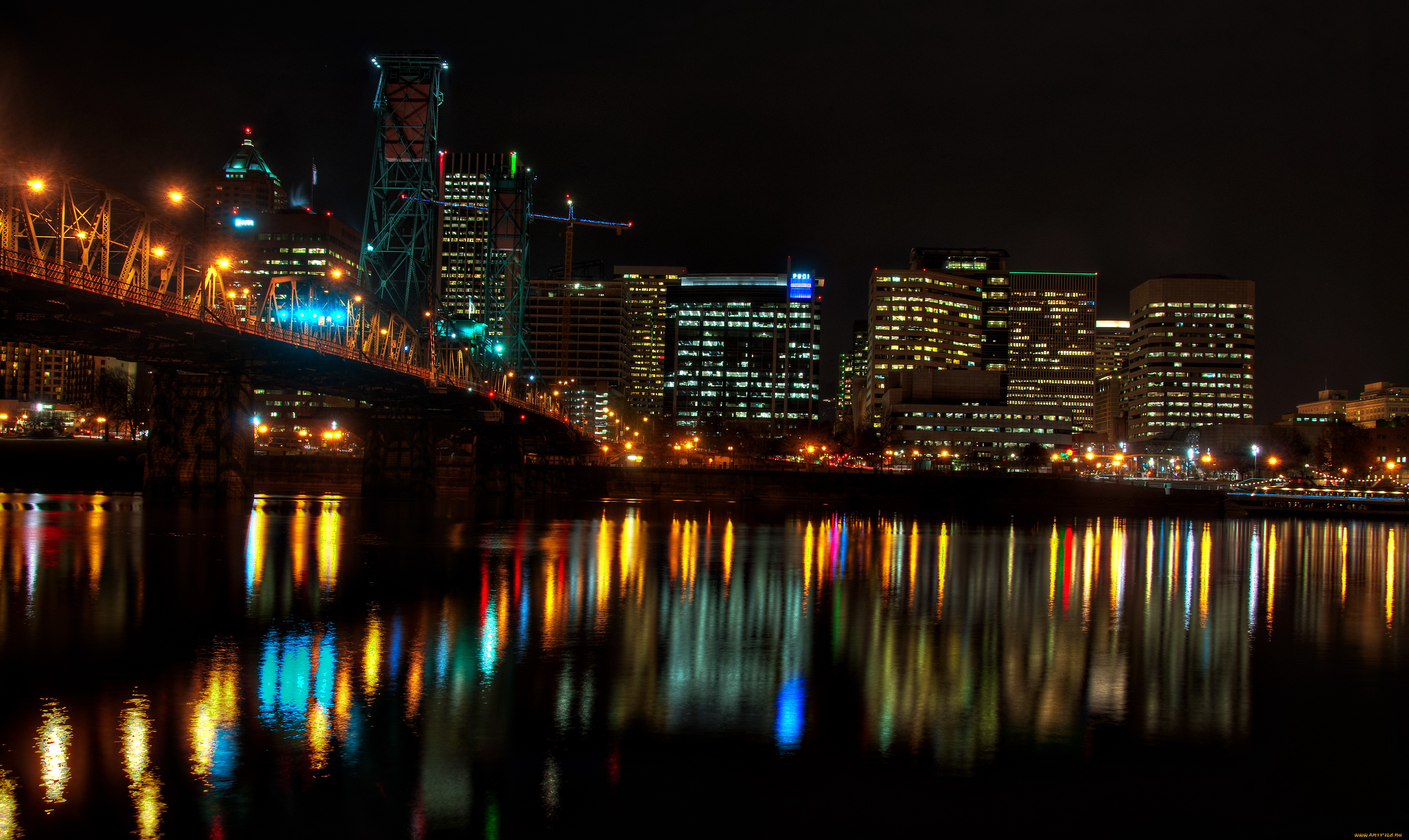 портленд, сша, города, огни, ночного, ночь, река, дома, мост