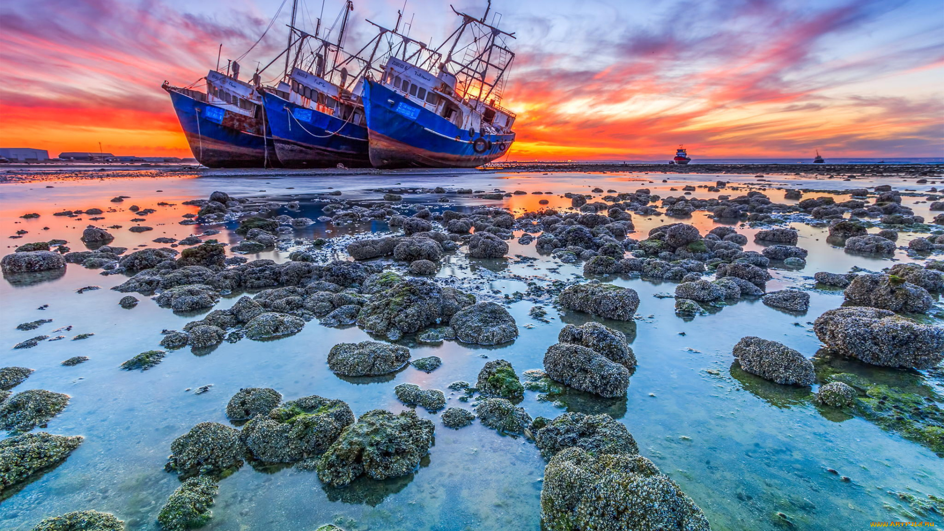 корабли, парусники, берег, рассвет, пейзаж, корабекрушение, сели, на, мель, океан