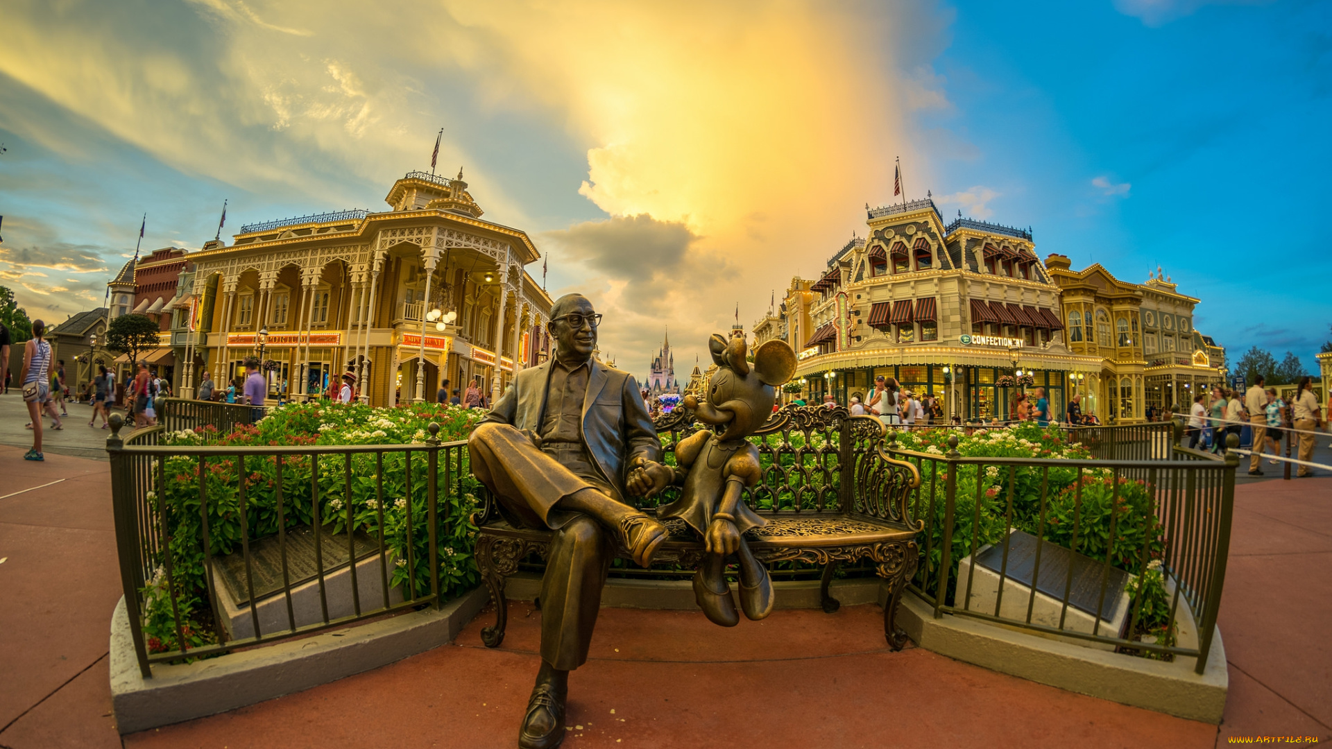города, диснейленд, парк, скульптура, скамейка