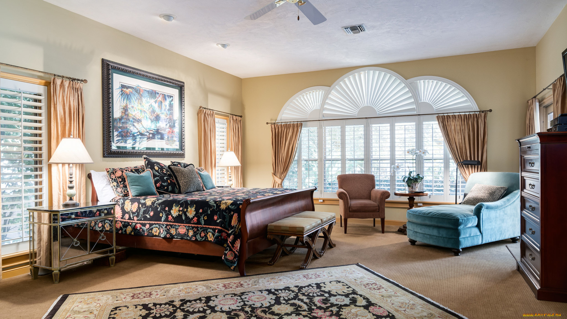 интерьер, спальня, картина, окна, подушки, лампа, кровать, комод, ковер, дизайн, кресло