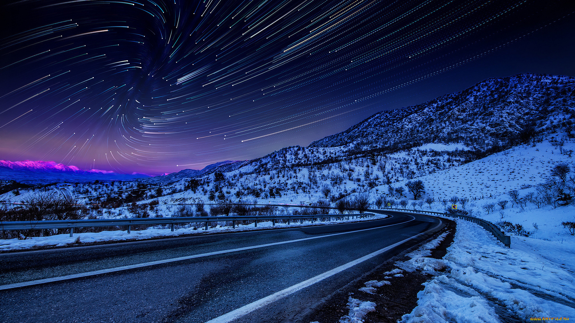 природа, дороги, снег, горы, трасса, шоссе, дорога, звезды