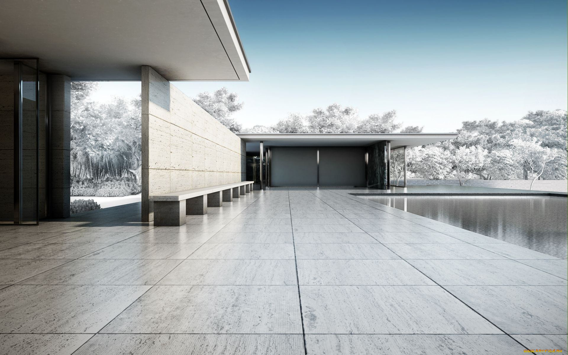 интерьер, бассейны, , открытые, площадки, бассейн, деревья, скамейка, здание