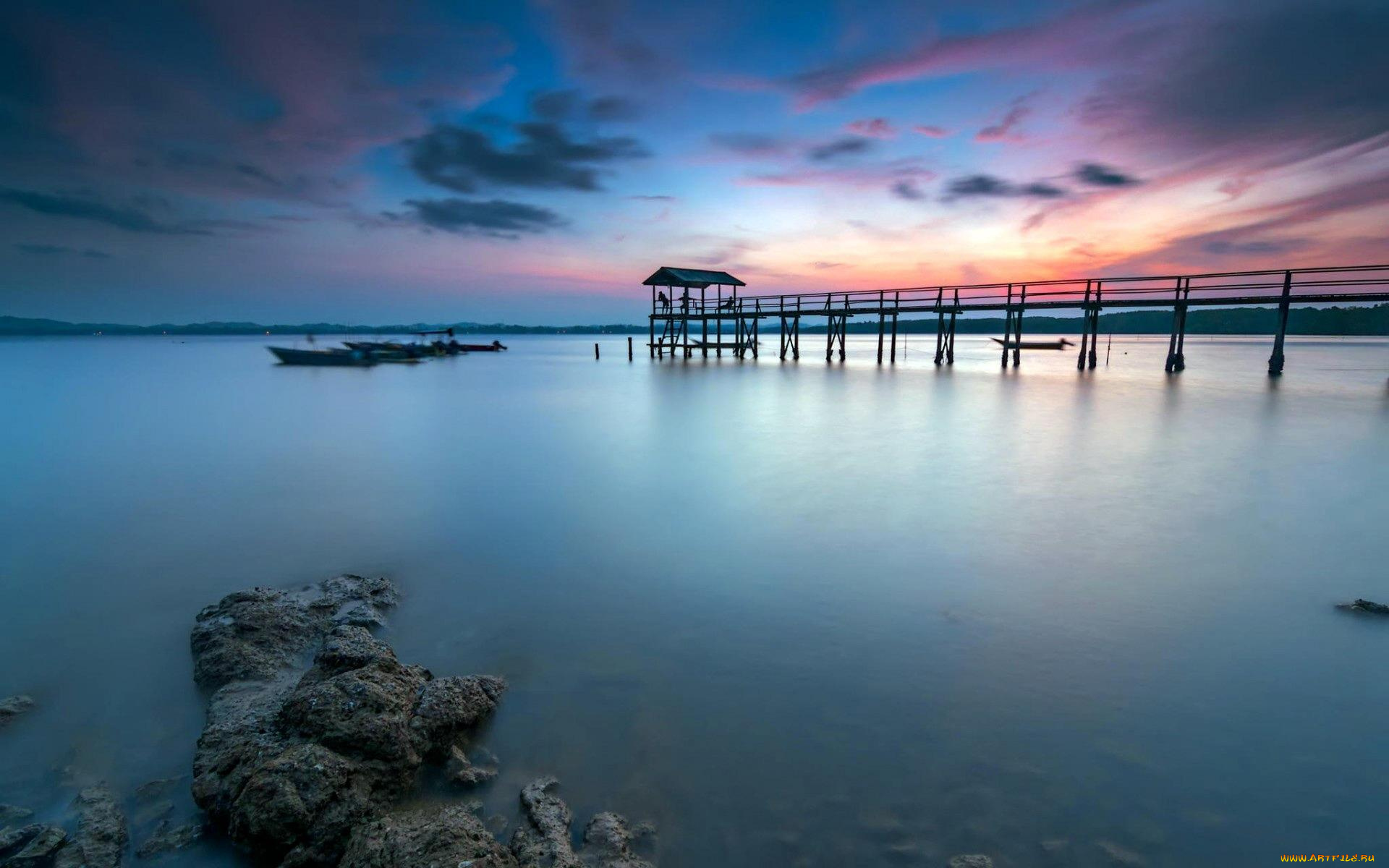 природа, побережье, причал, лодки, берег, закат, озеро