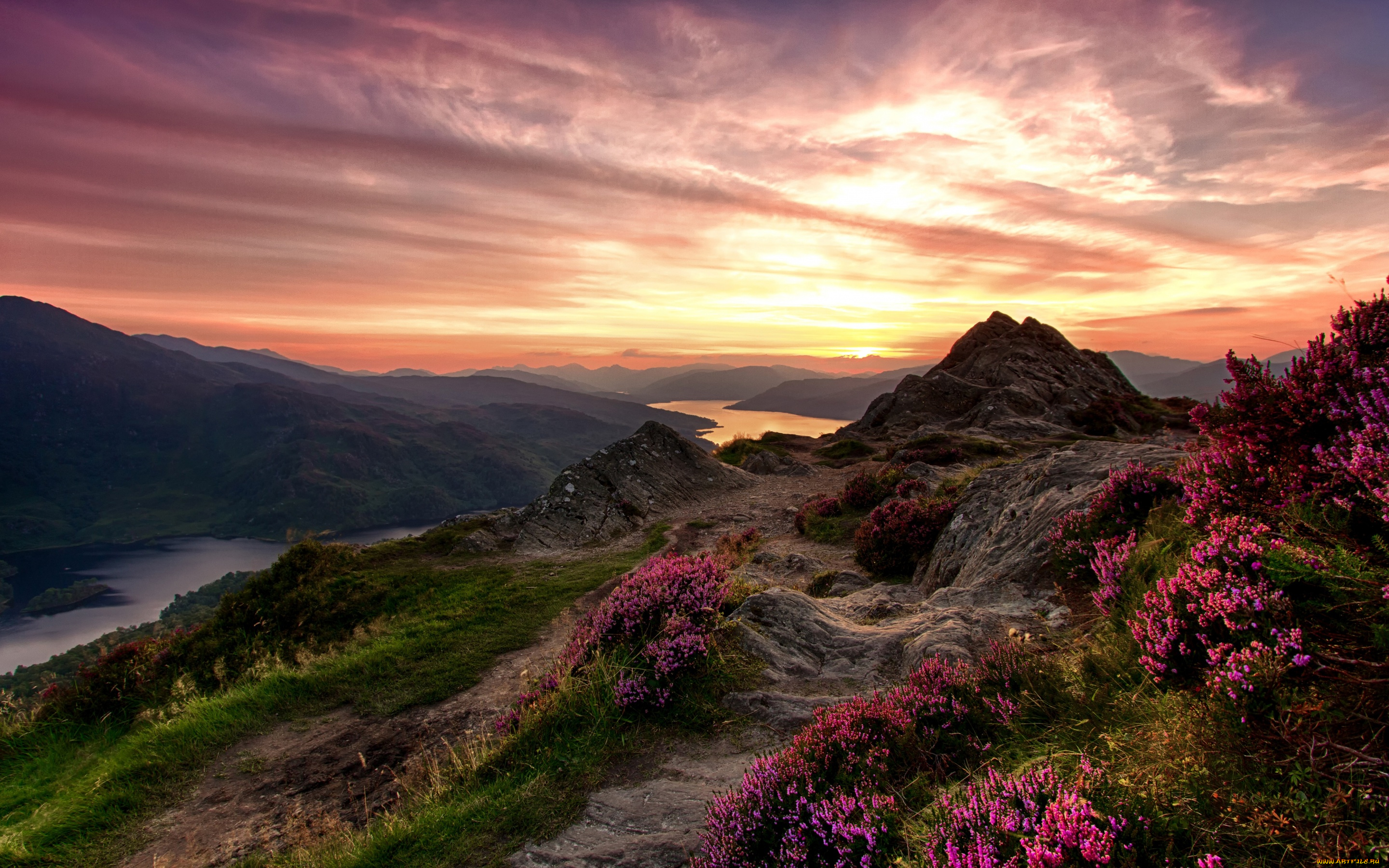 природа, восходы, закаты, зарево, небо, цветы, камни, трава, возвышенность, горы, река, шотландия, trossachs, national, park