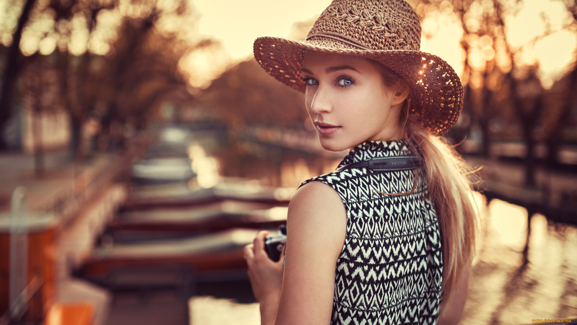 девушки, eva, mikulski, камера, топ, шляпа, модель, блондинка, ева, микульски, фотоаппарат