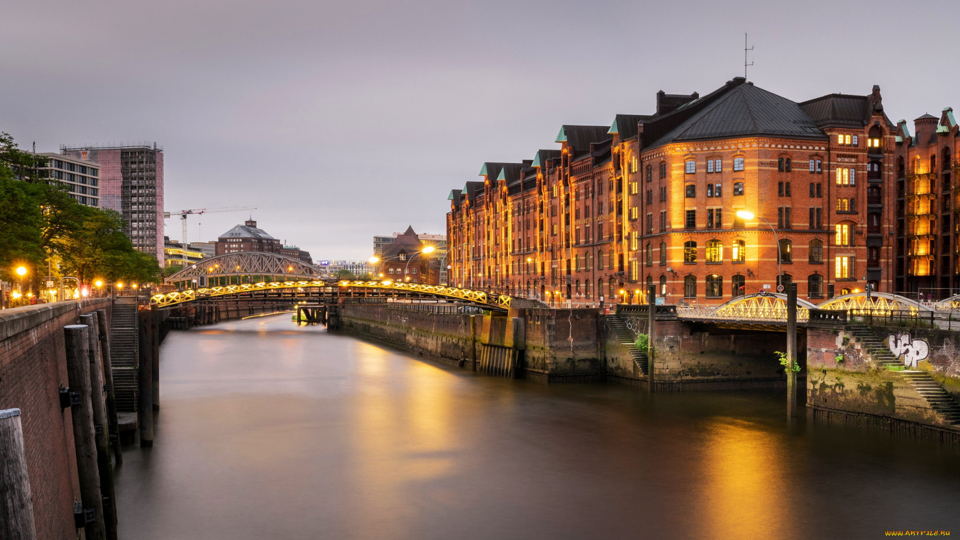 города, гамбург, , германия, огни, вечер, мост, река