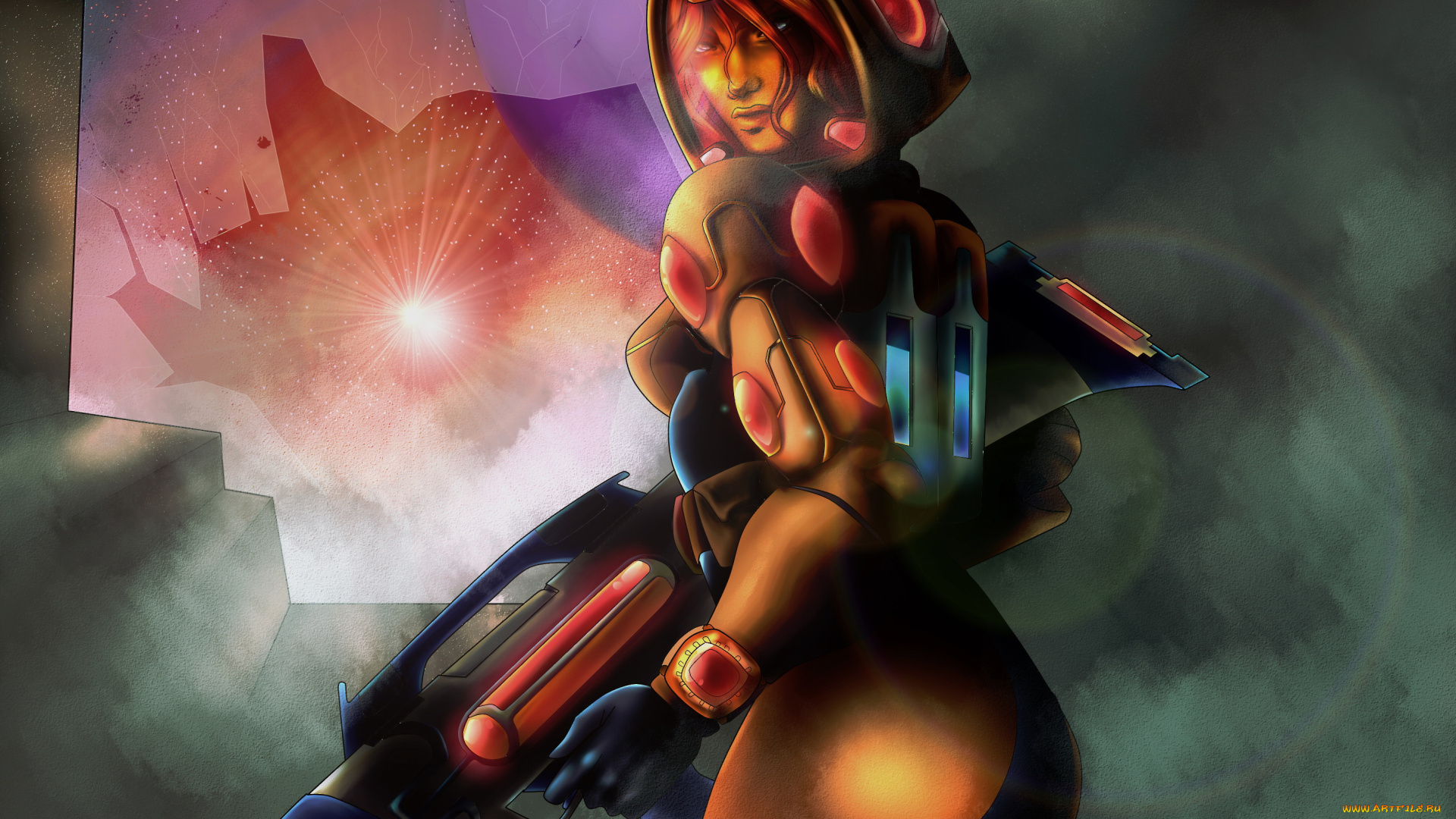 рисованное, комиксы, девушка, фон, взгляд, оружие