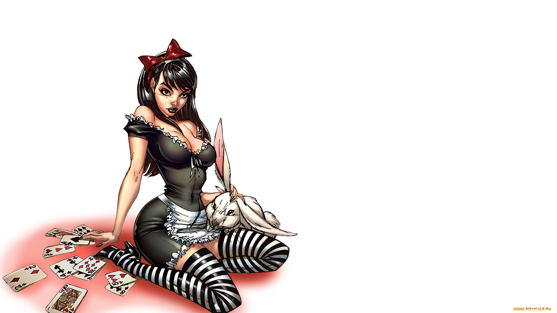 рисованное, комиксы, девушка, карты, кролик, фон