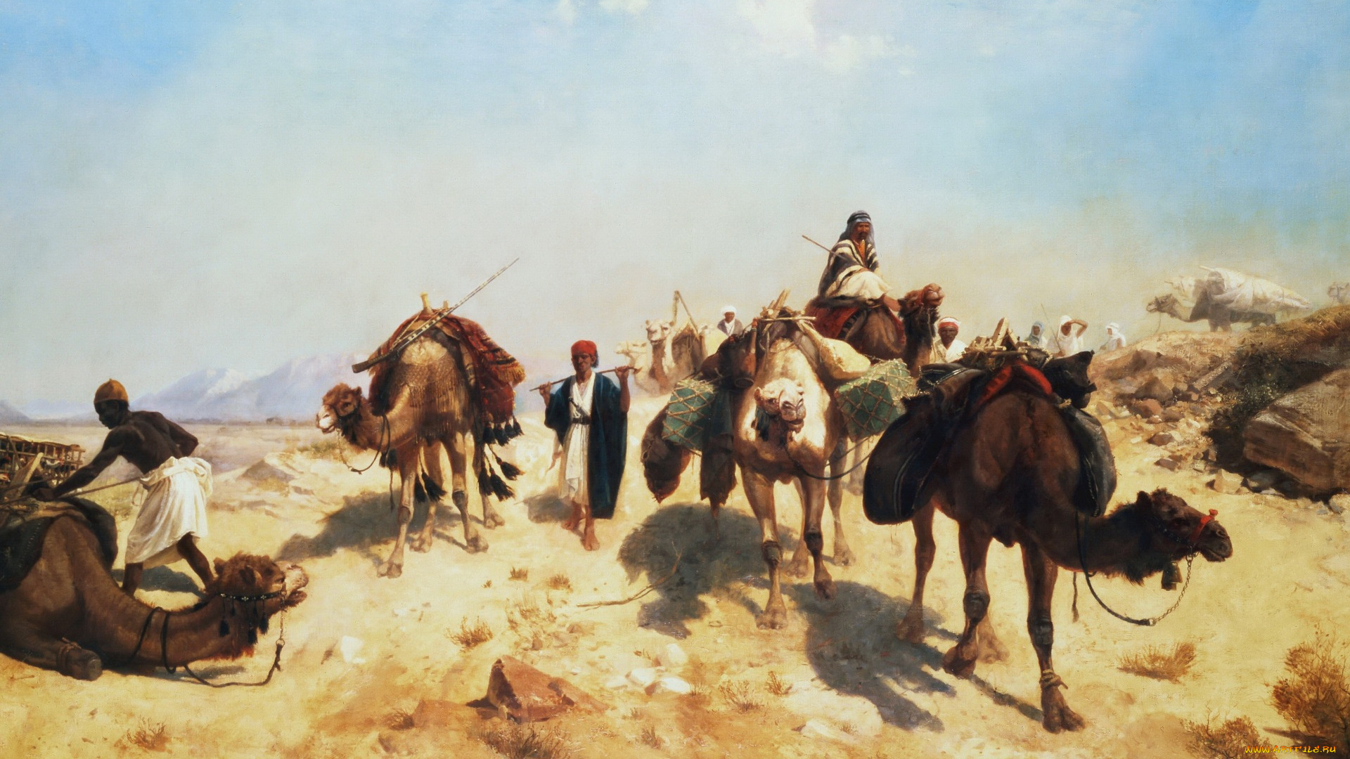 рисованное, живопись, жан-леон, жером, пейзаж, картина, караван, в, пустыне, верблюд