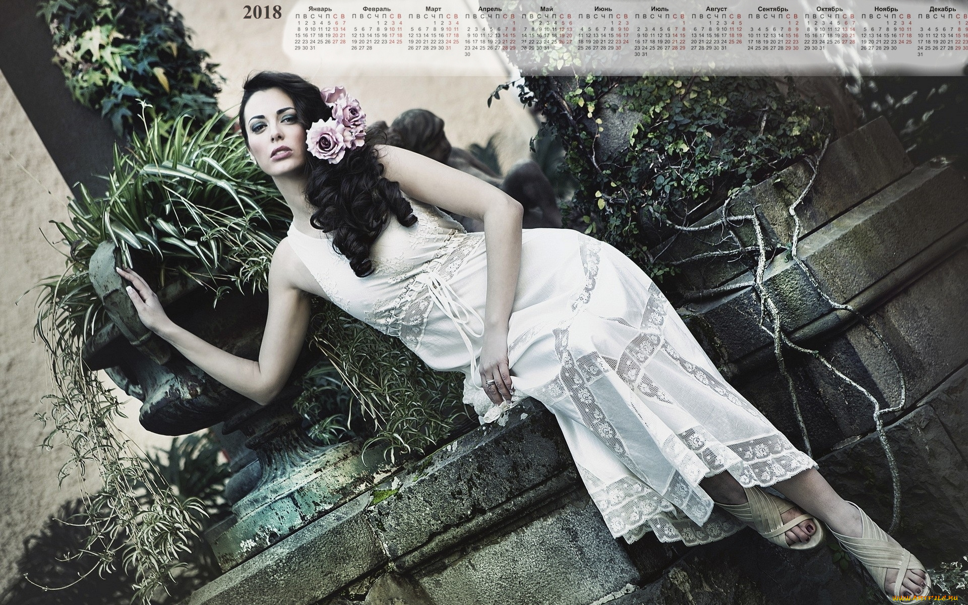 календари, девушки, цветы, взгляд, растения